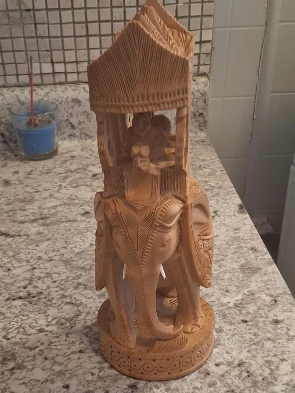 Wooden Elephant Carving with Figures