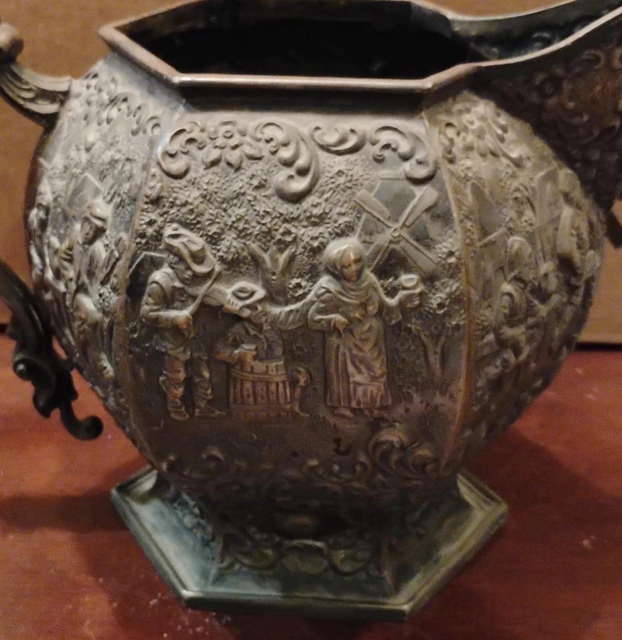 Vintage Embossed Metal Creamer Pitcher with Scene