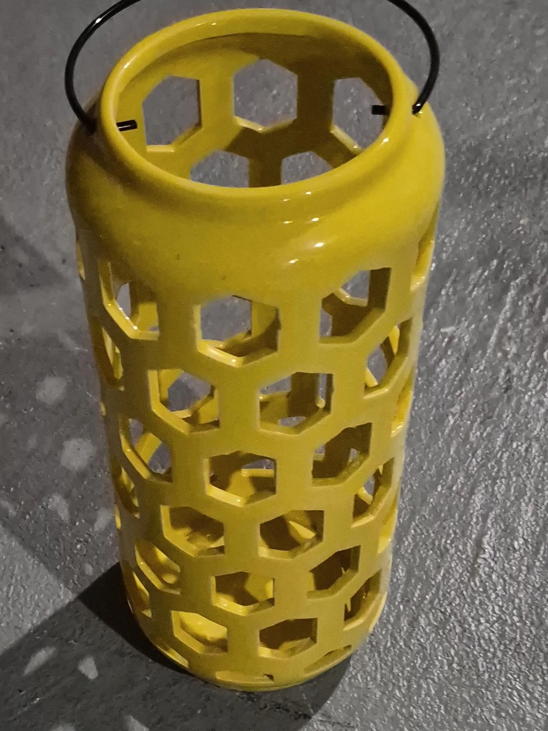 Yellow Ceramic Lantern with Hexagonal Cutouts