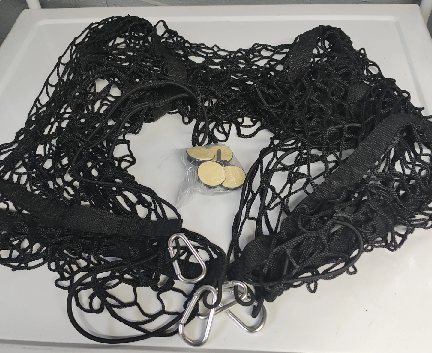 Black Cargo Net with Carabiners and Adhesive Clips