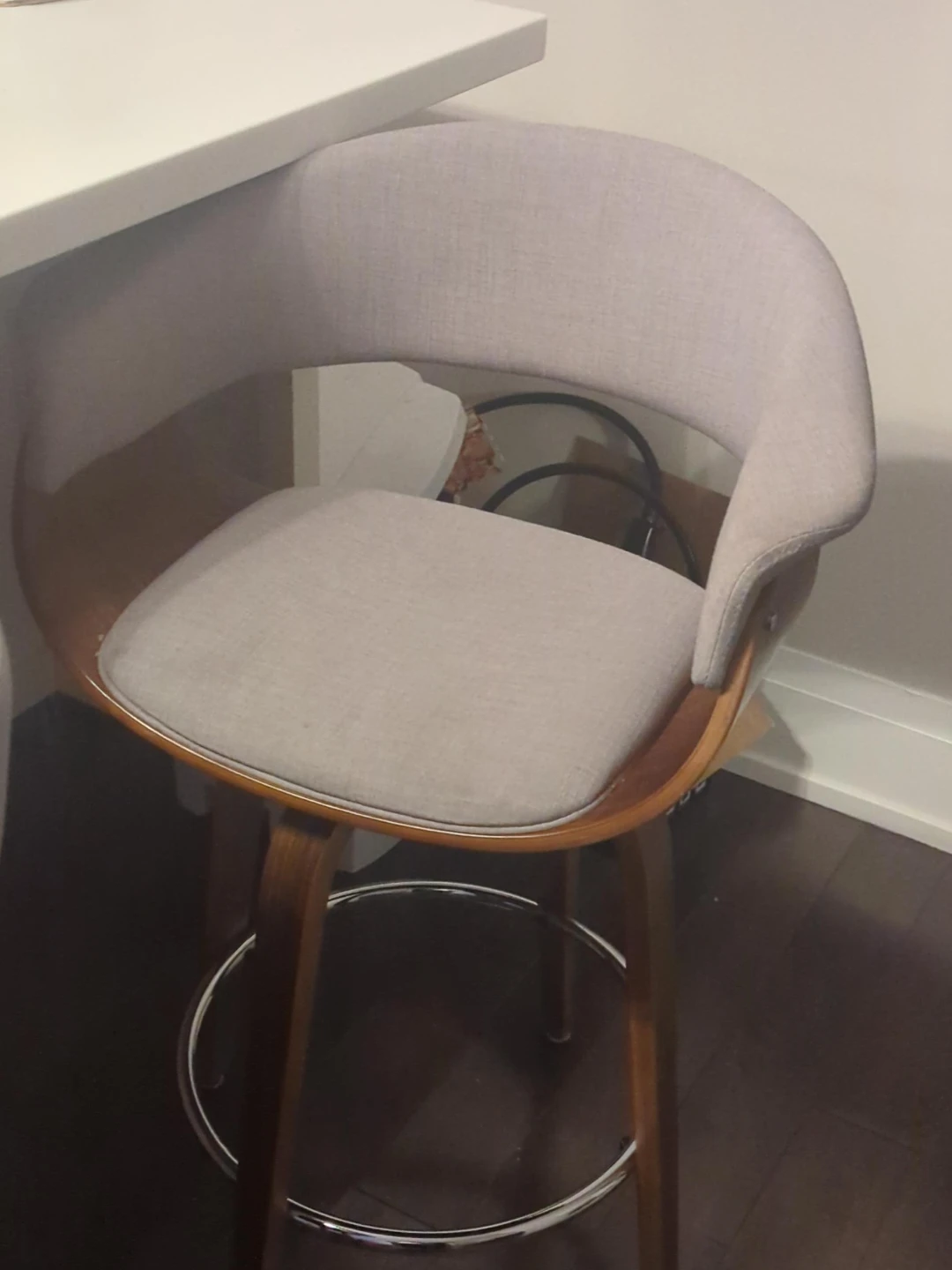 Grey Fabric Bar Stool with Wood Accents