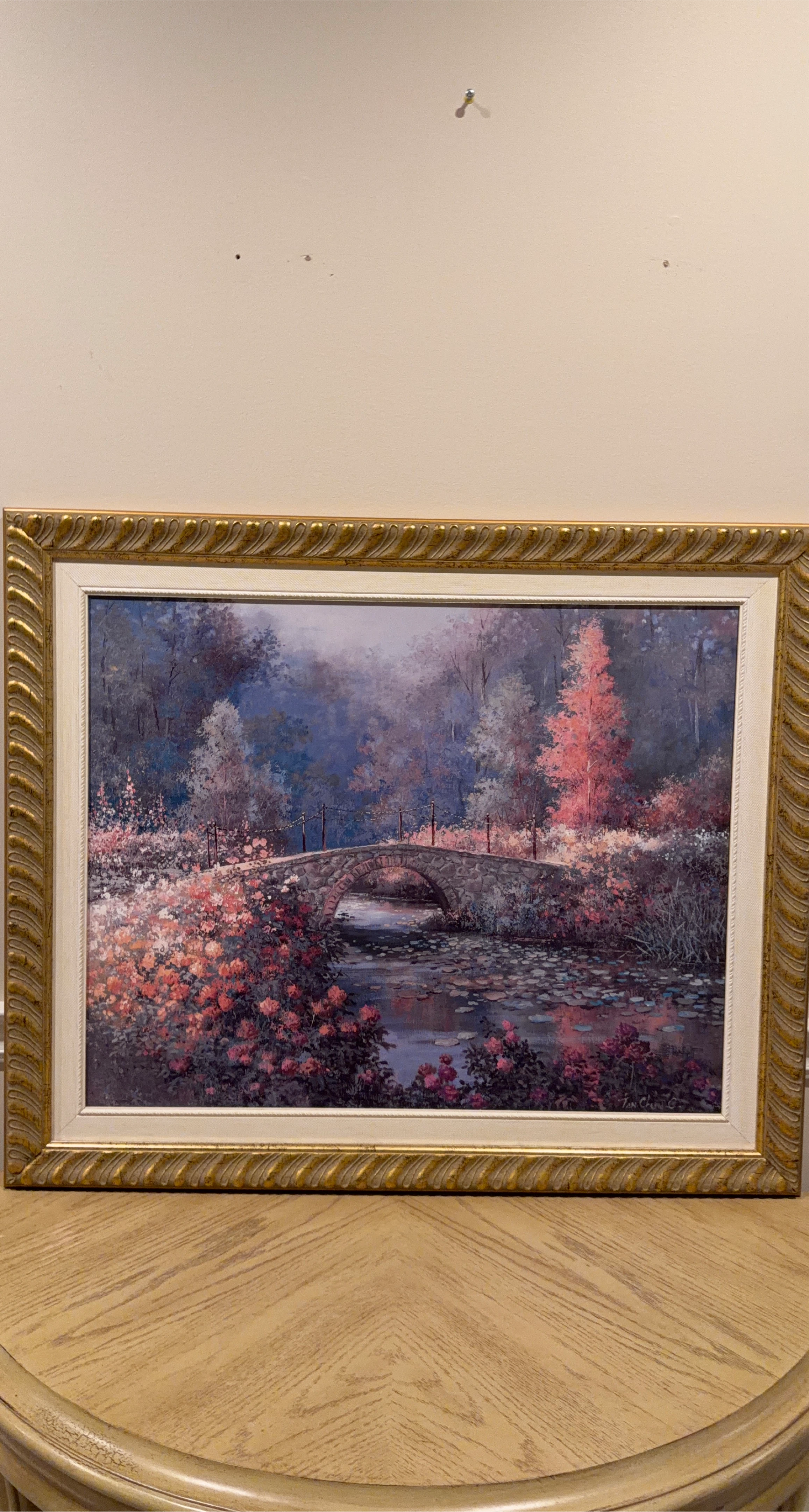 Framed Landscape Painting with Stone Bridge and Flowers