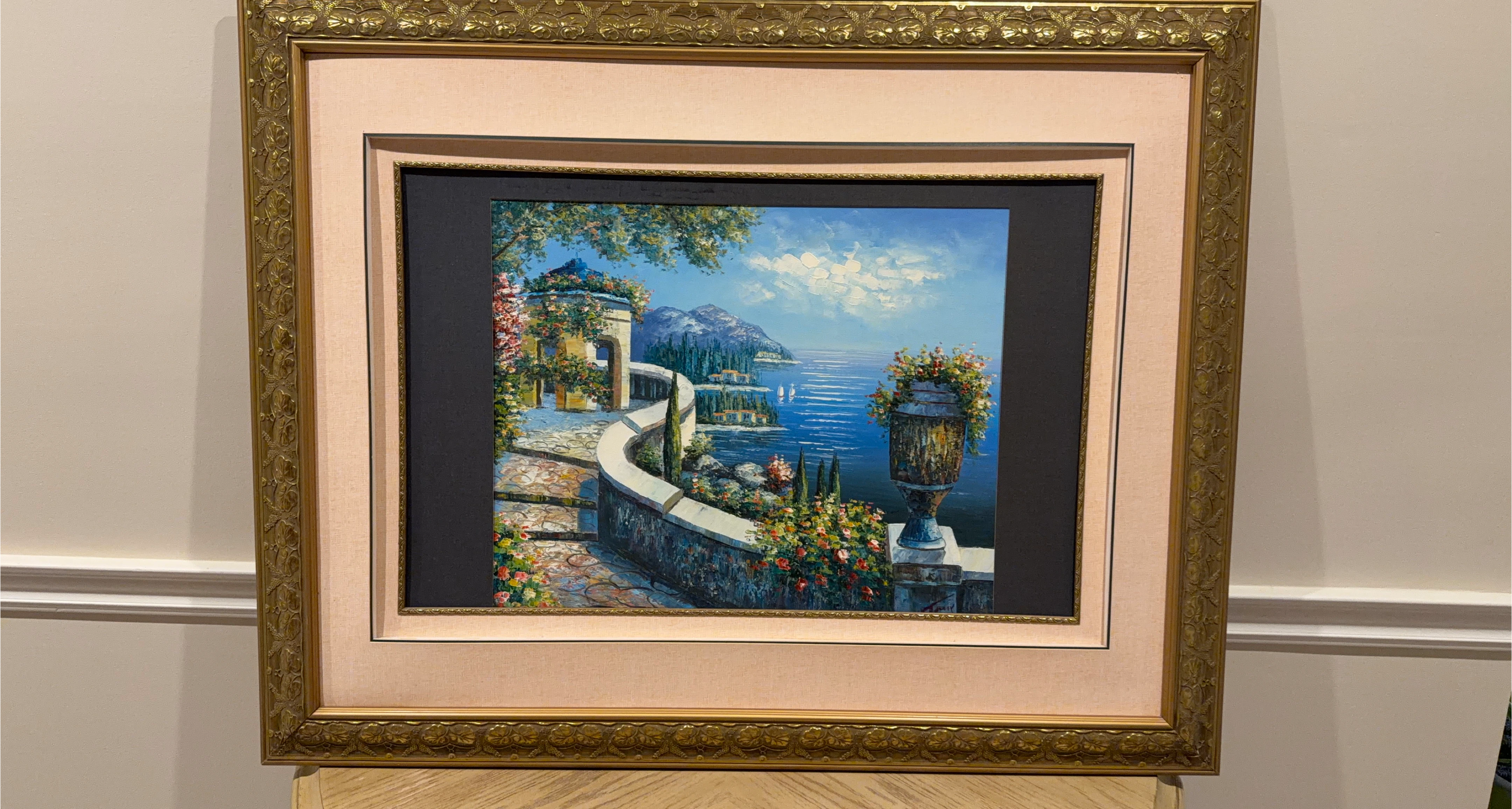 Framed Painting of Italian Villa and Lake