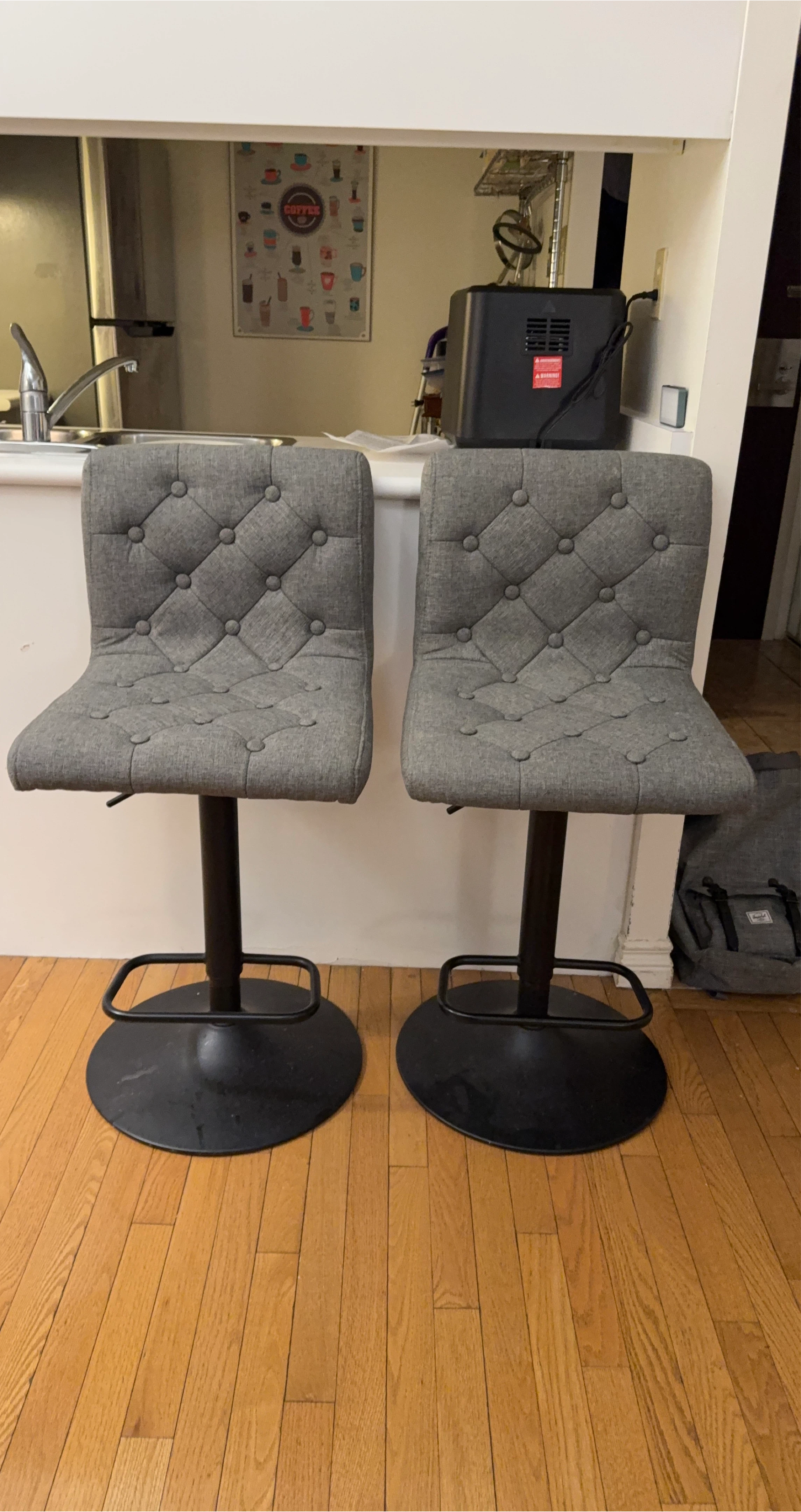 Pair of Grey Tufted Bar Stools