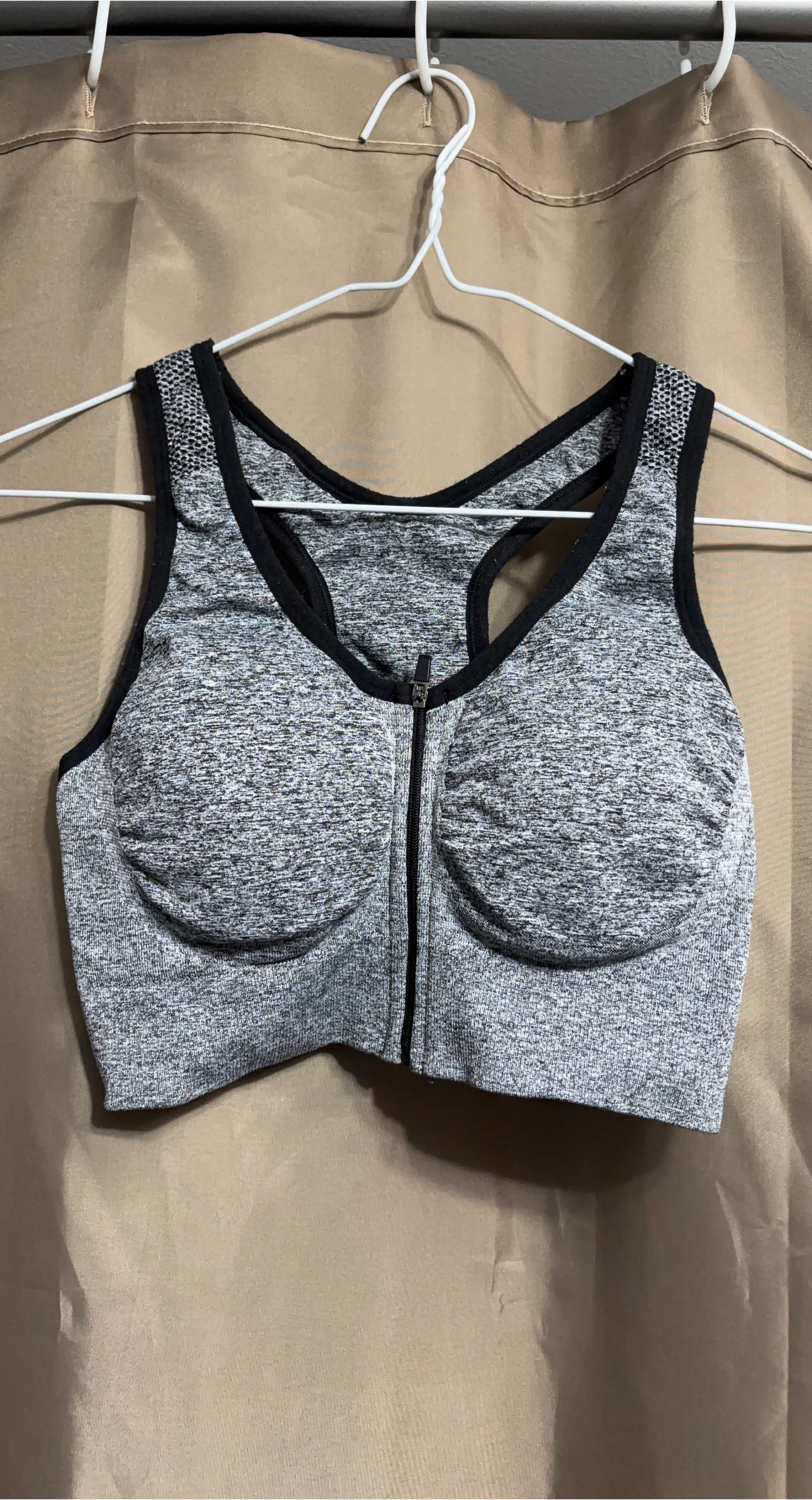 Padded Grey Sports Bra with Zipper Front