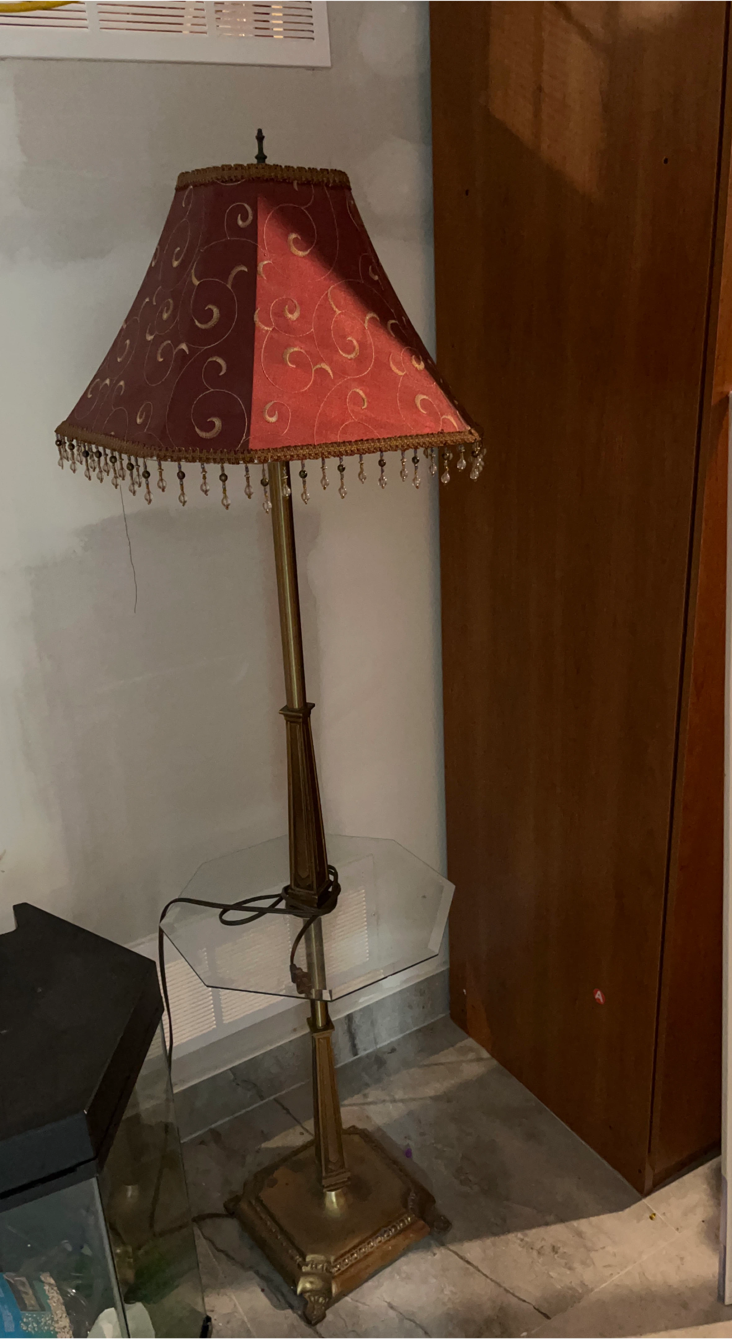 Vintage Red Floral Floor Lamp with Glass Table