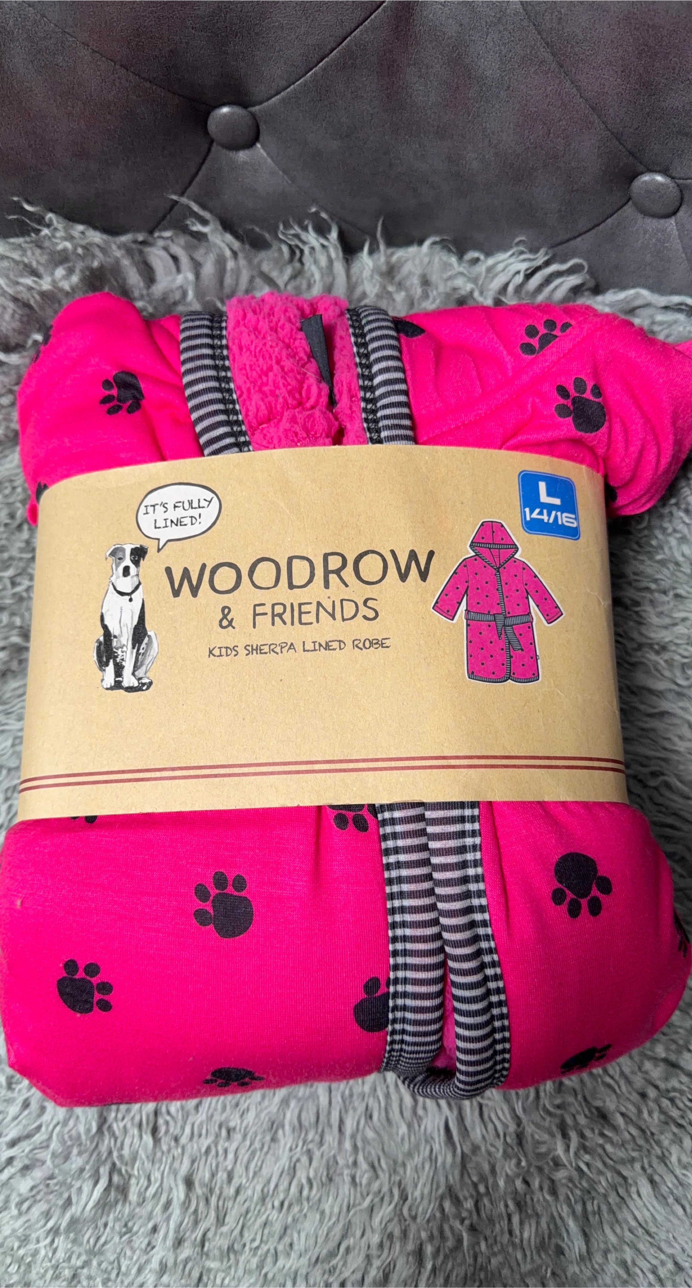 Woodrow & Friends Kids Sherpa Lined Robe - Pink Paw Print