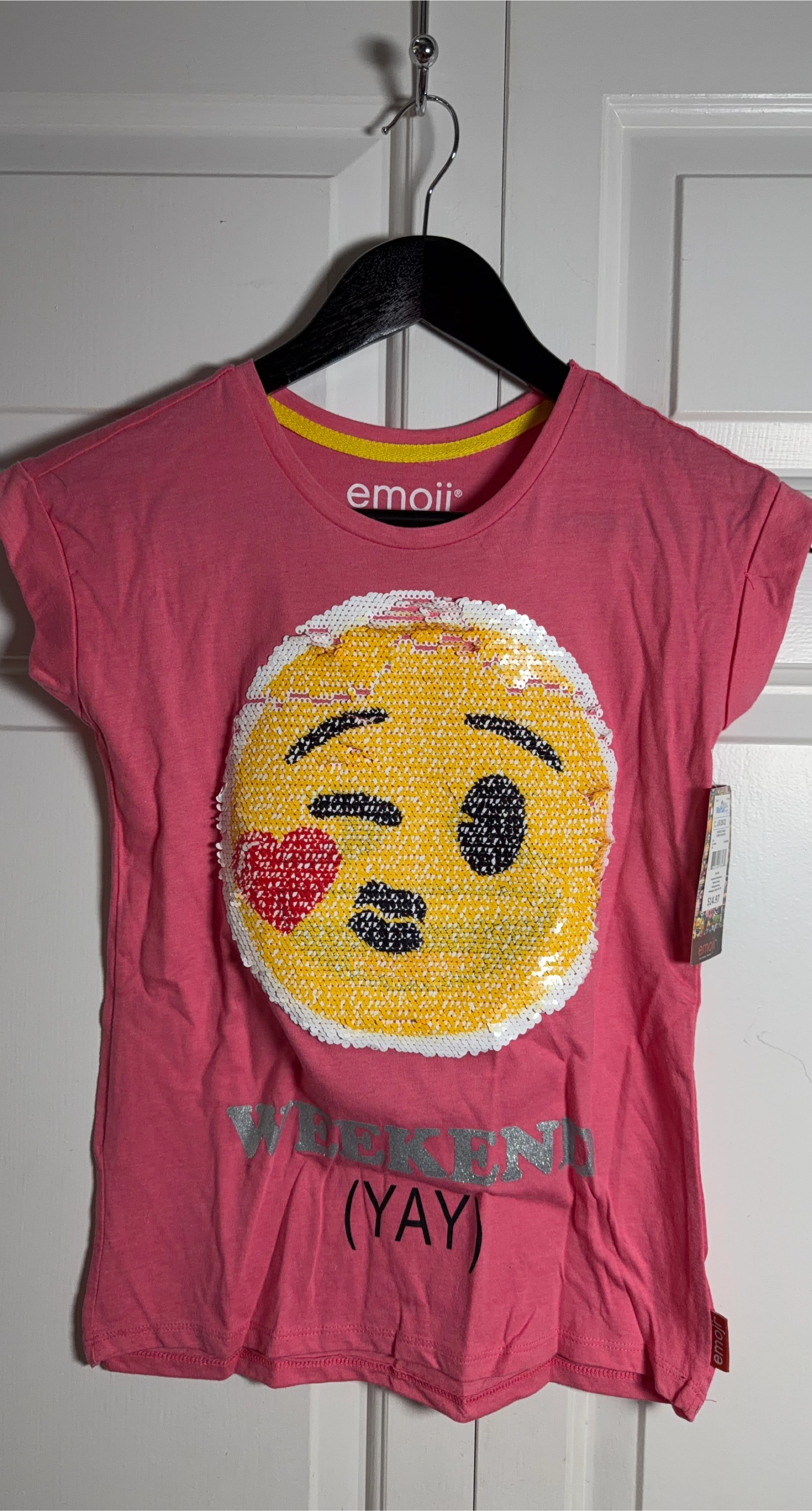 Emoji Pink Sequin Face "Weekend Yay" T-Shirt Size L/G (10-12)