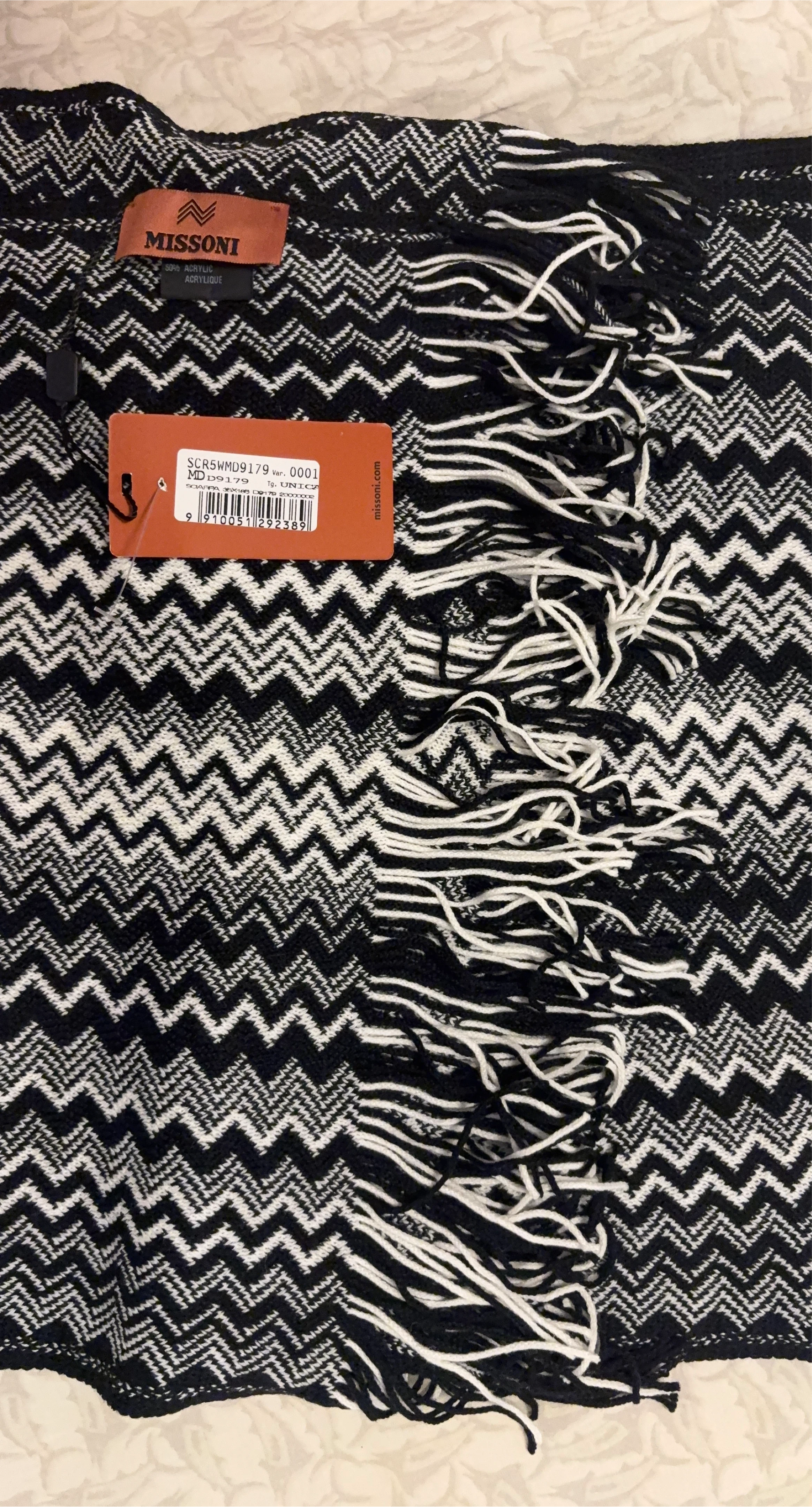 Missoni Black and White Zigzag Knit Scarf with Fringe