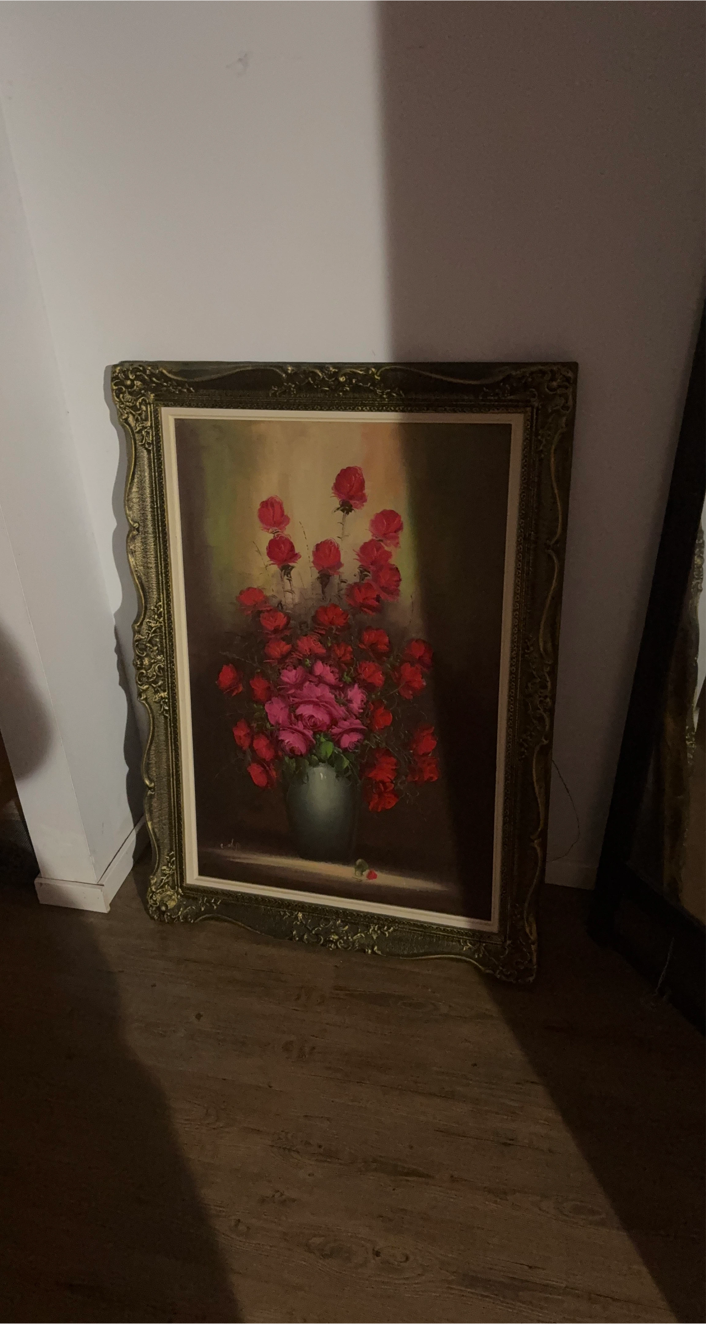 Vintage Rose Painting with Ornate Frame