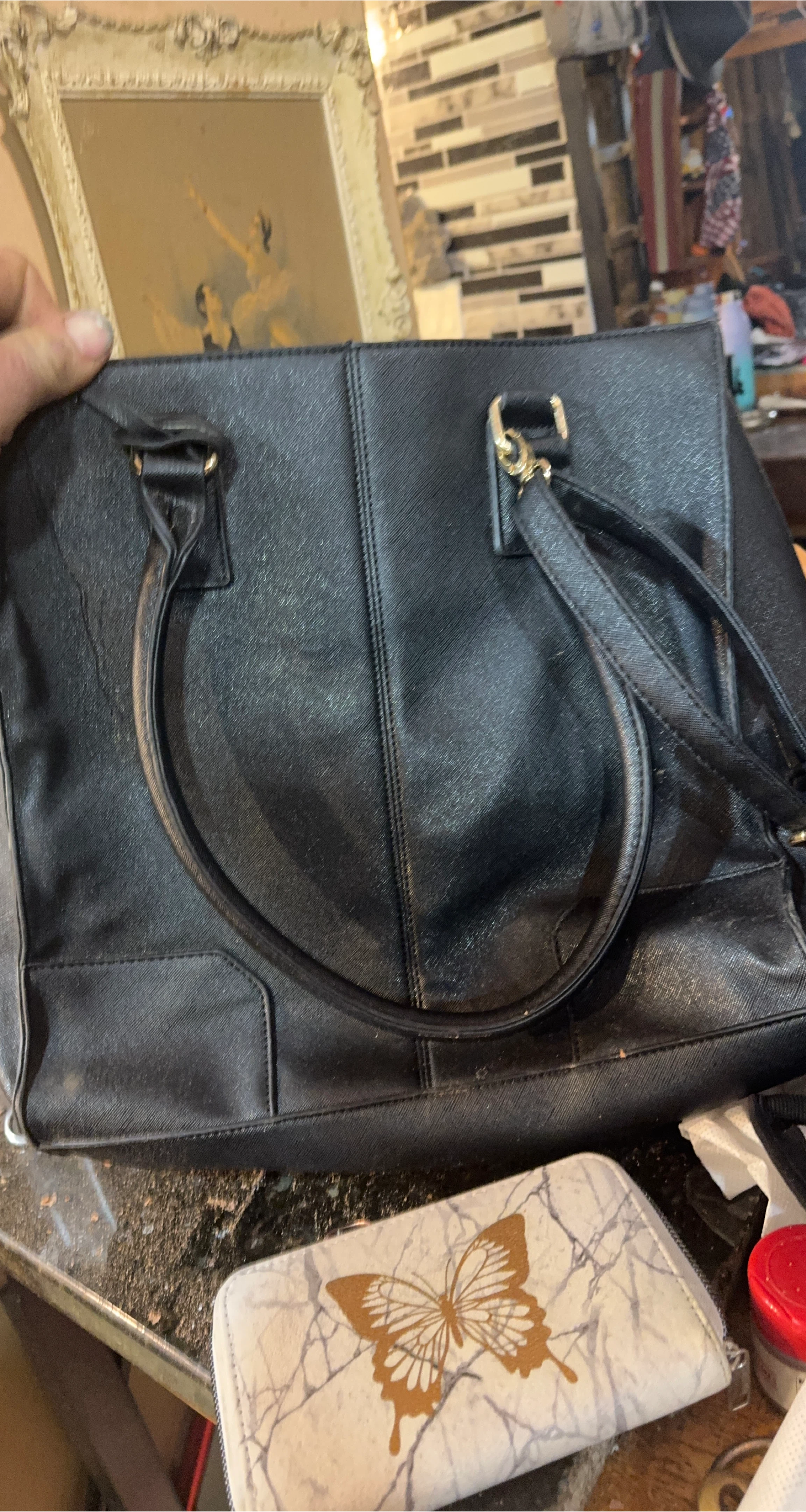 Black Faux Leather Tote Handbag