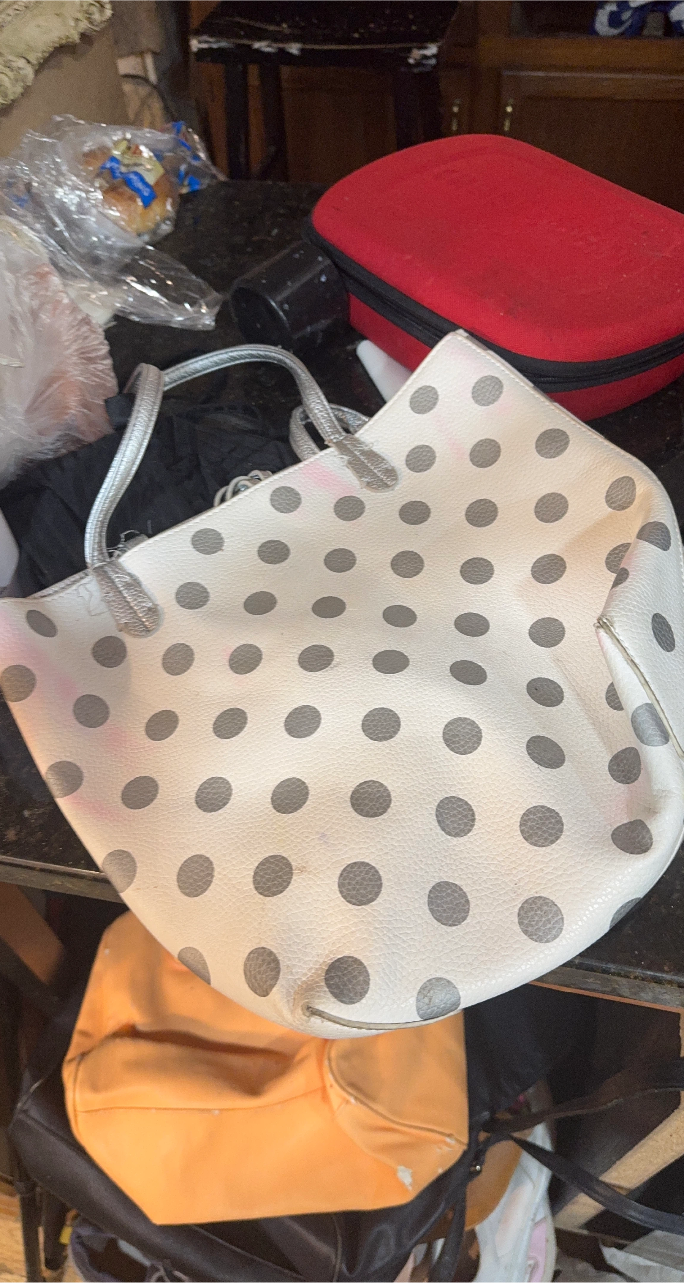 White Polka Dot Tote Bag with Silver Interior