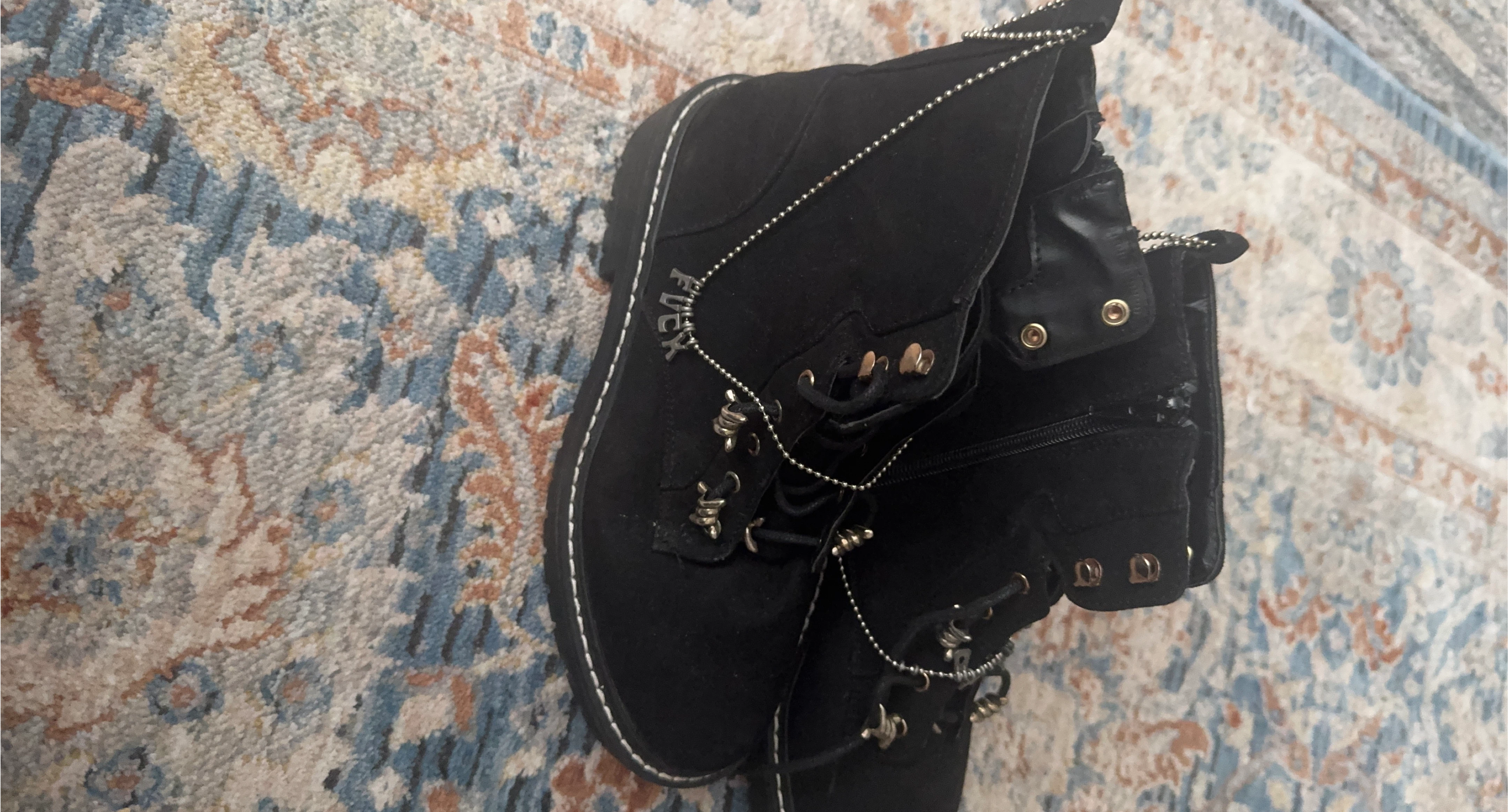 Black Faux Suede Combat Boots with Chain Detail