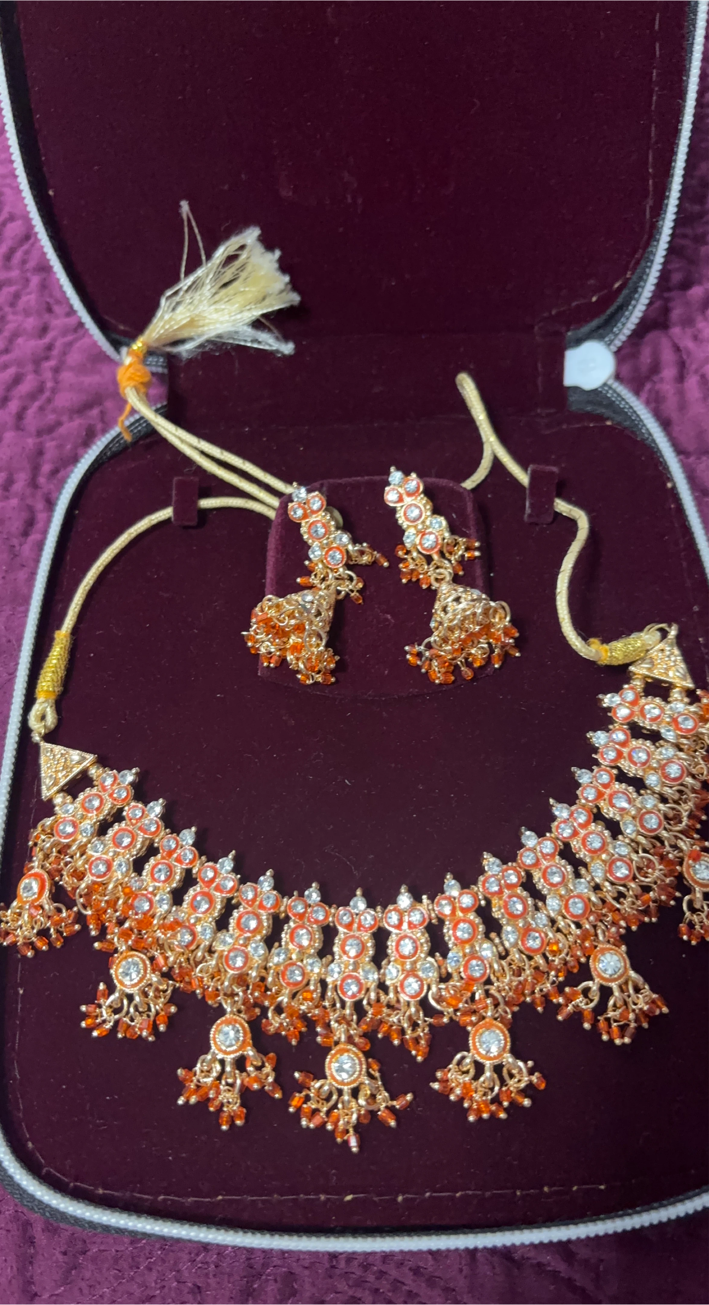 Gold-tone Choker Necklace and Earrings Set with Orange Beads