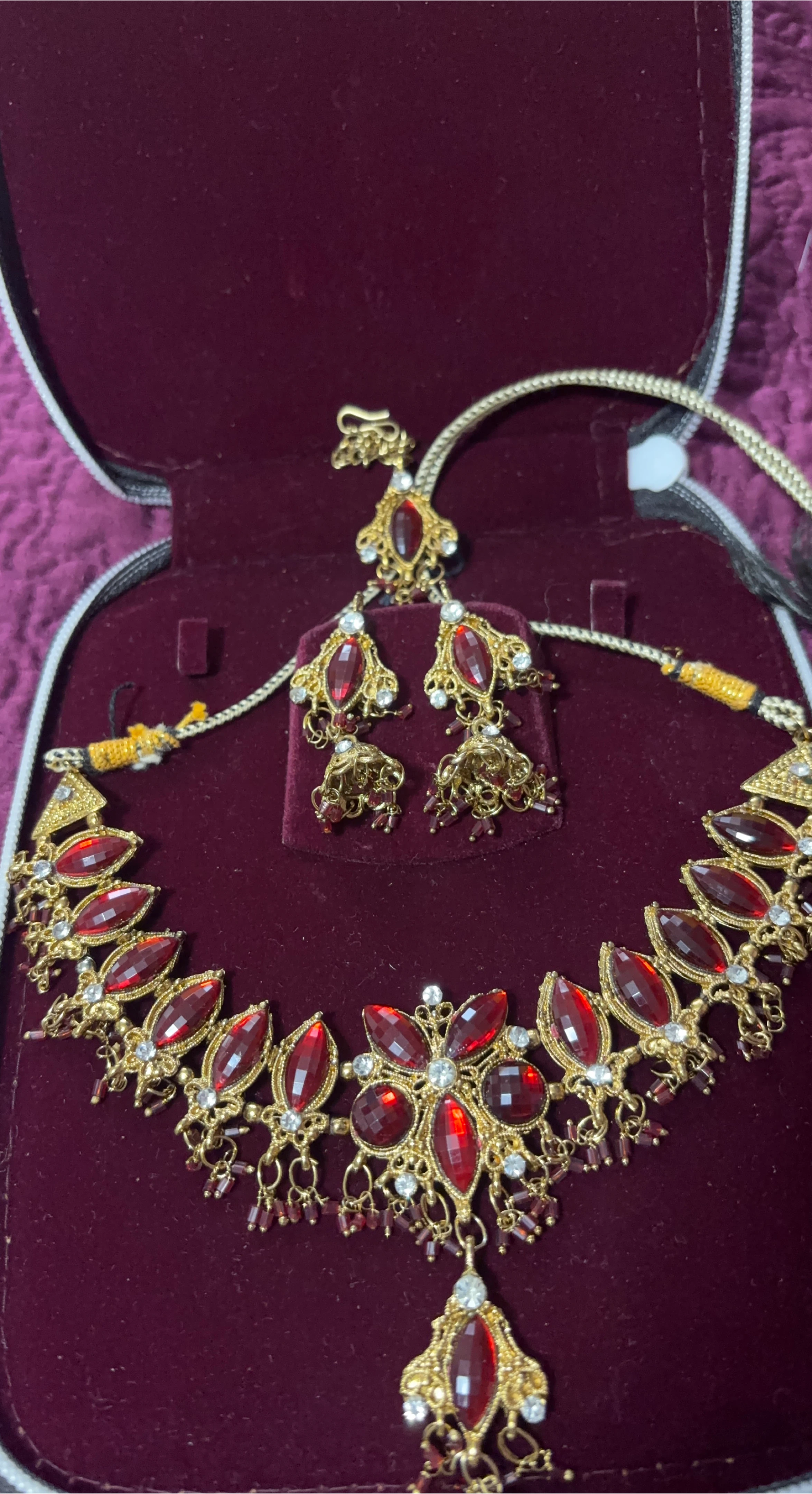 Gold Tone Necklace and Earring Set with Red Stones