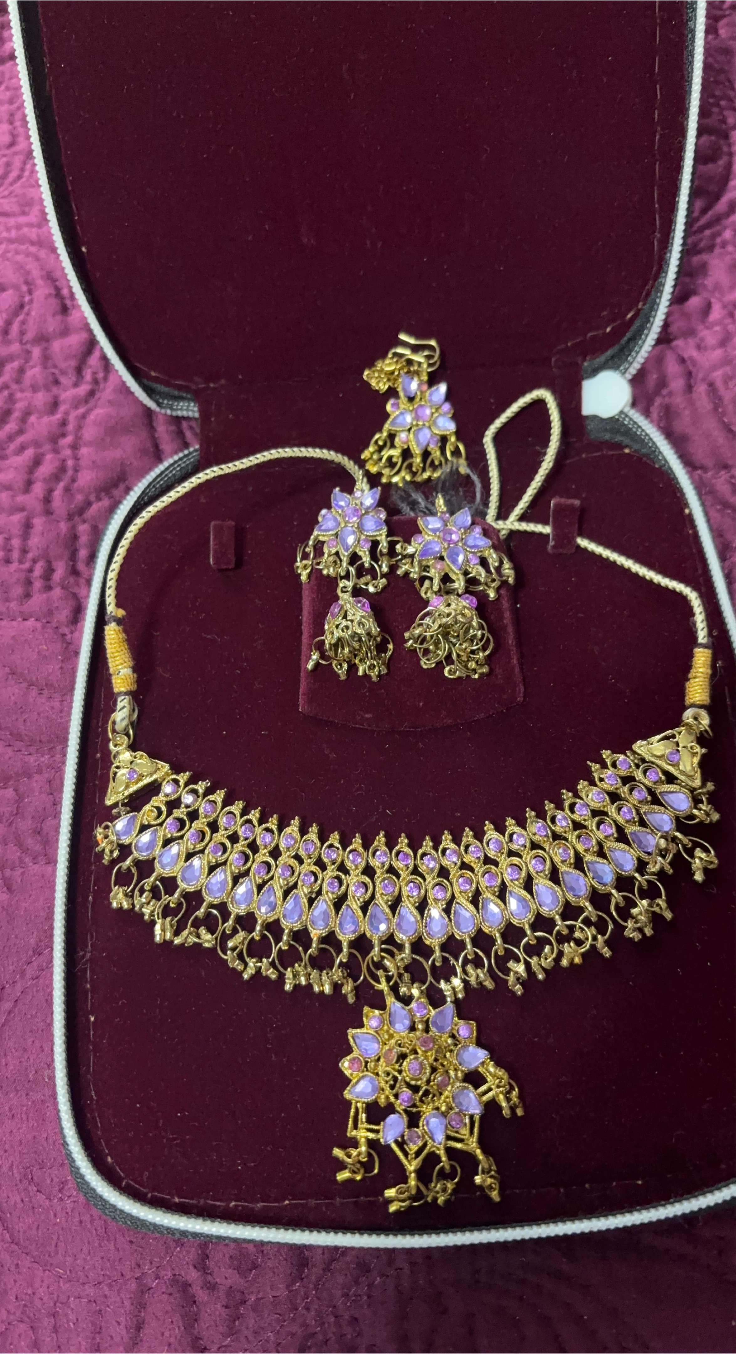 Gold-tone Necklace and Earrings Set with Purple Stones