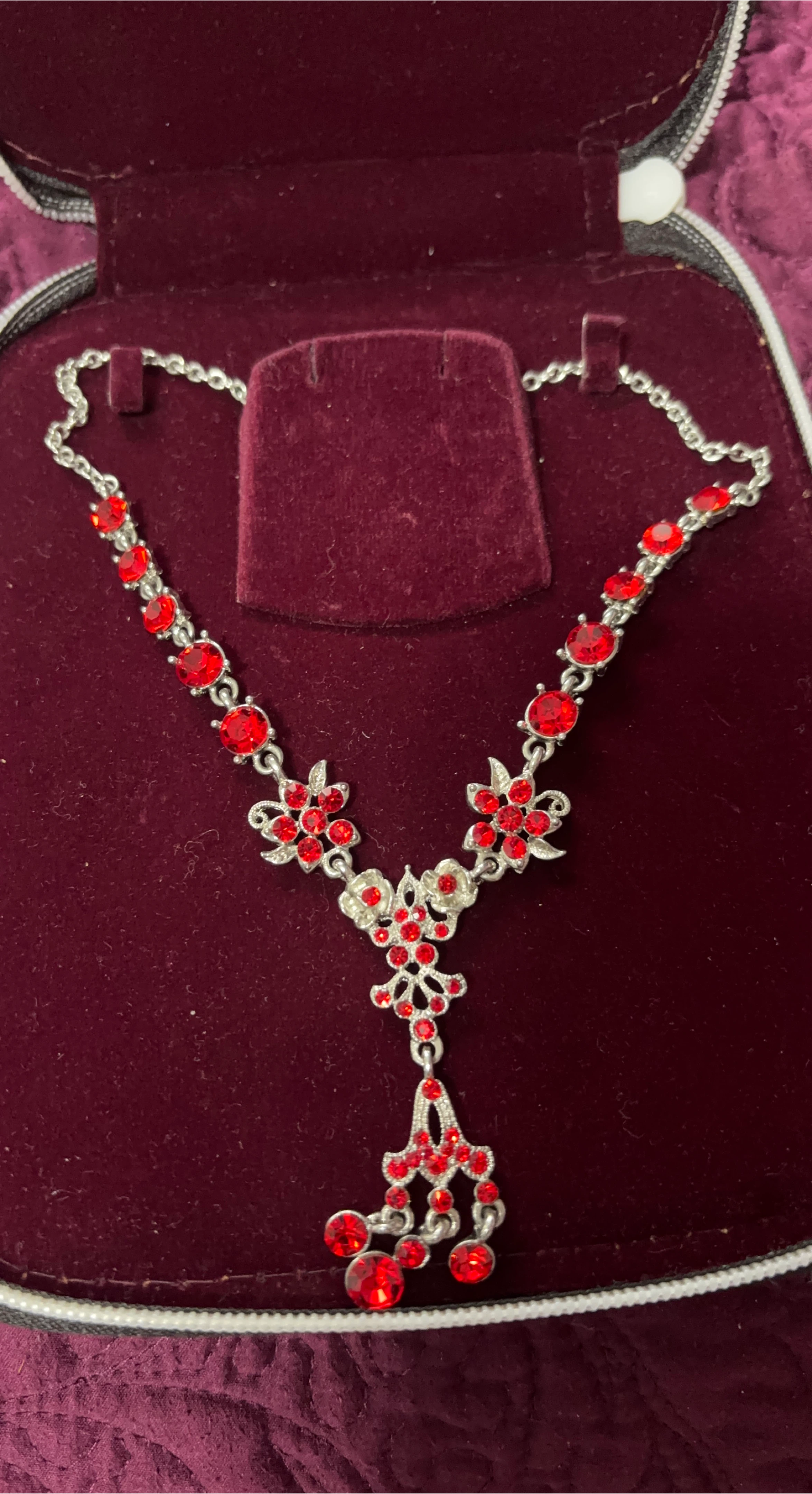Silver-tone Necklace with Red Gemstones