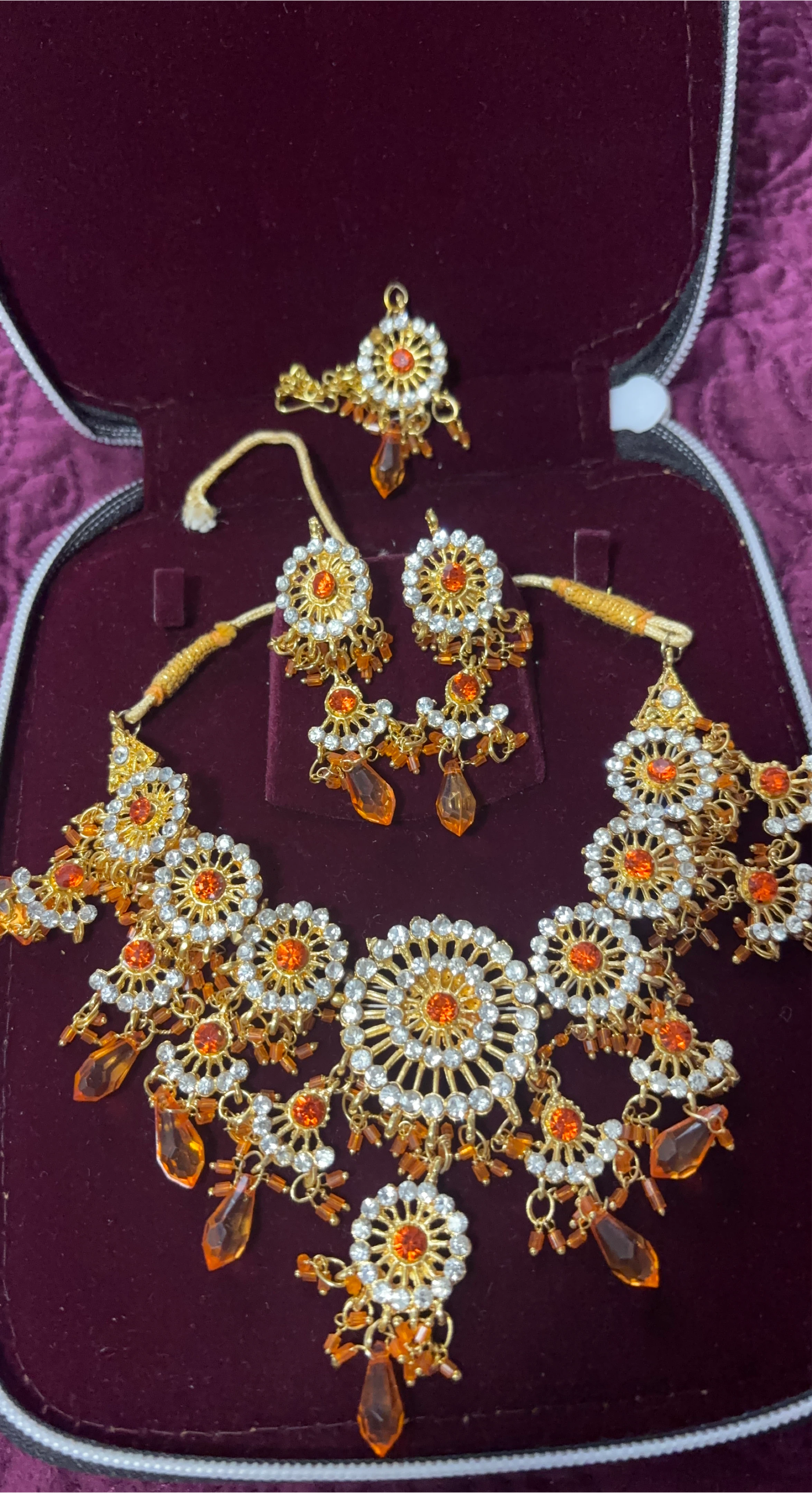 Gold-Tone Necklace and Earring Set with Orange and White Stones