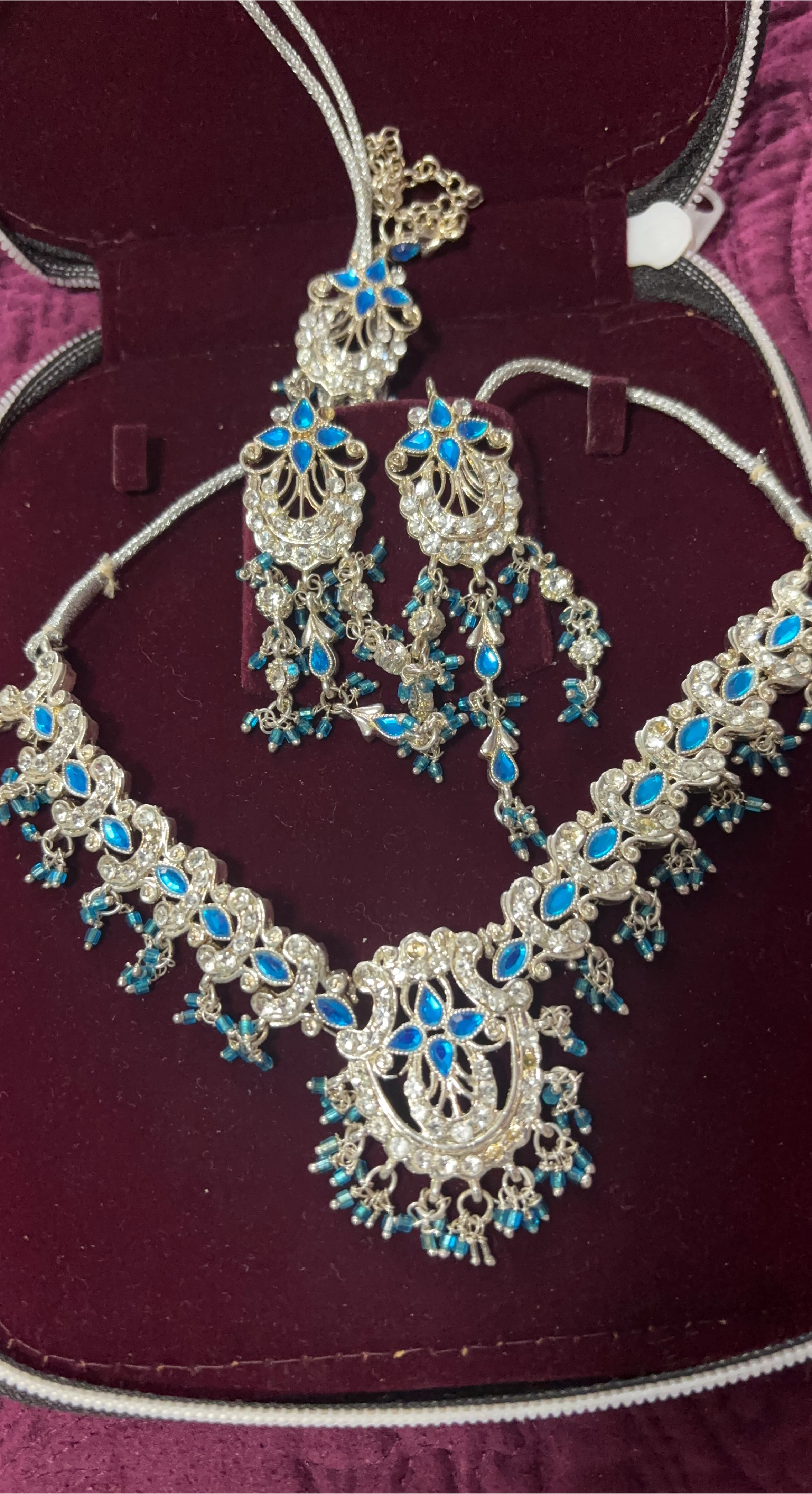 Silver Blue Gemstone Necklace and Earring Set