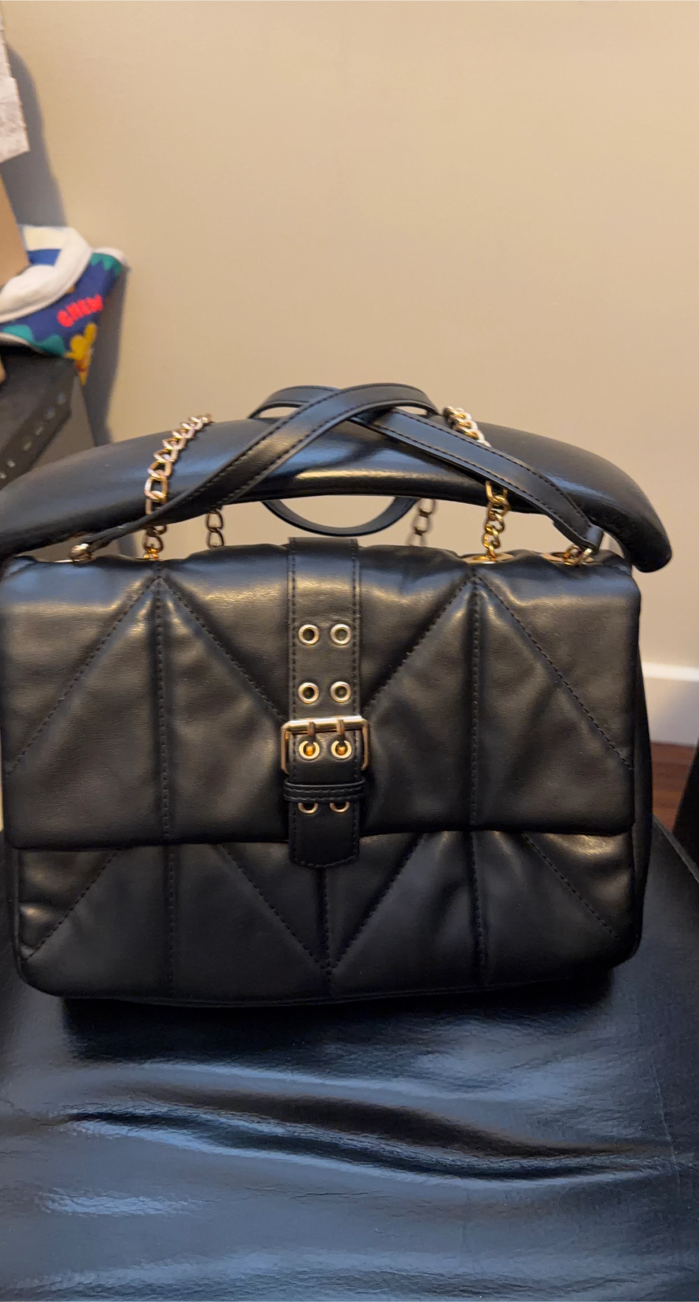 Black Quilted Handbag with Gold Chain Strap