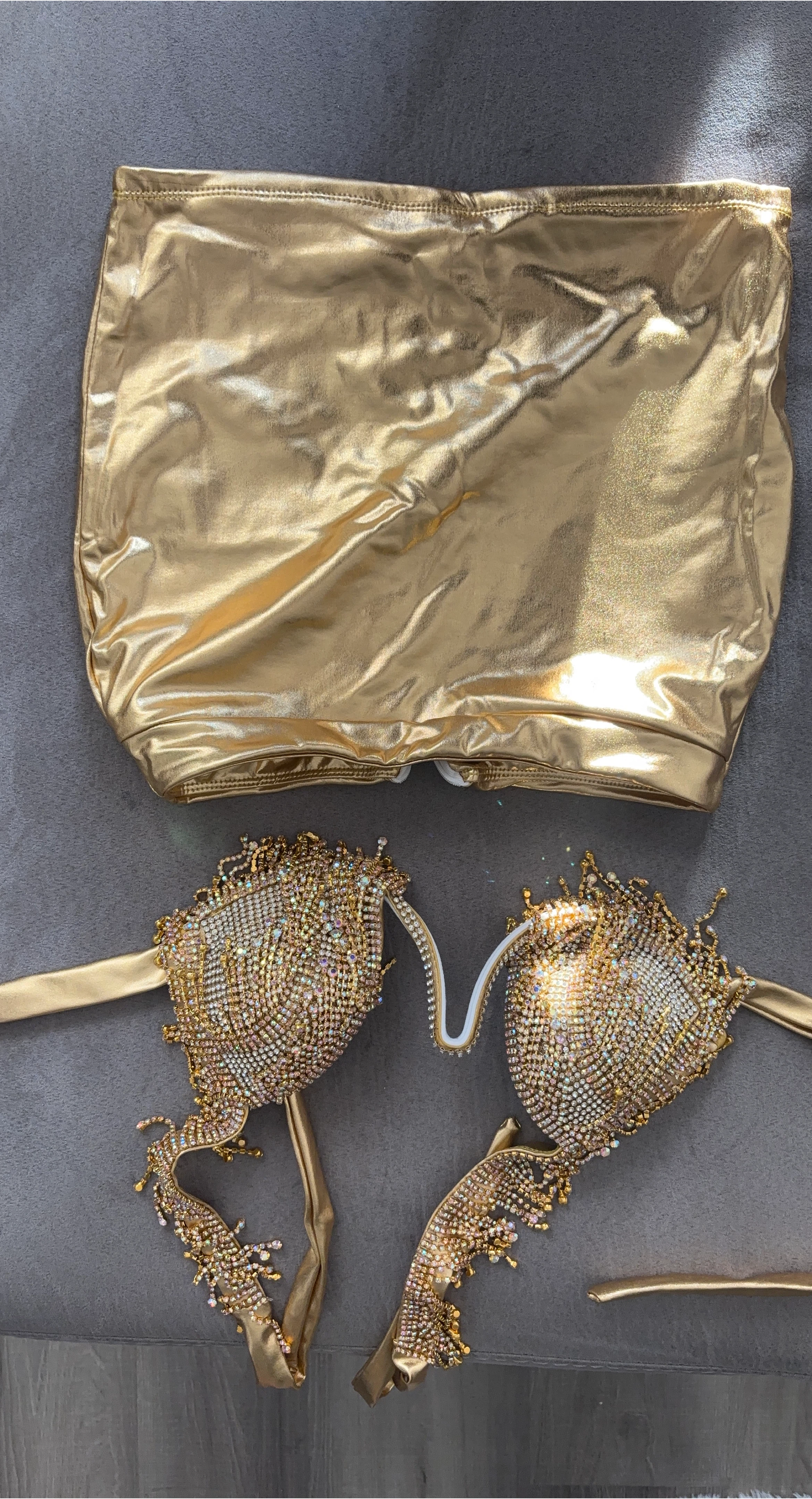 Gold Rhinestone Fringe Bra and Skirt Set