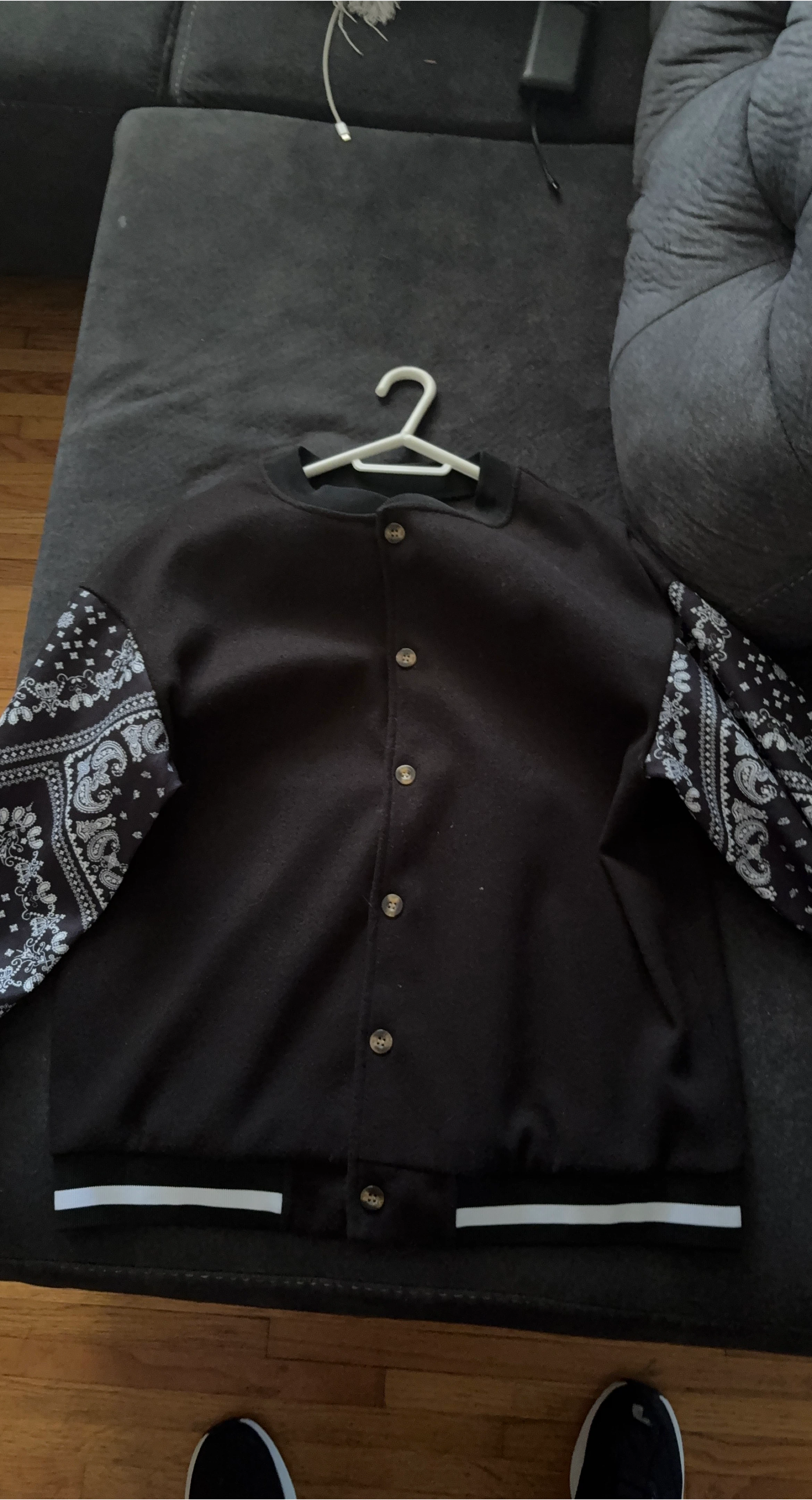 Black Varsity Bomber Jacket with Bandana Sleeves