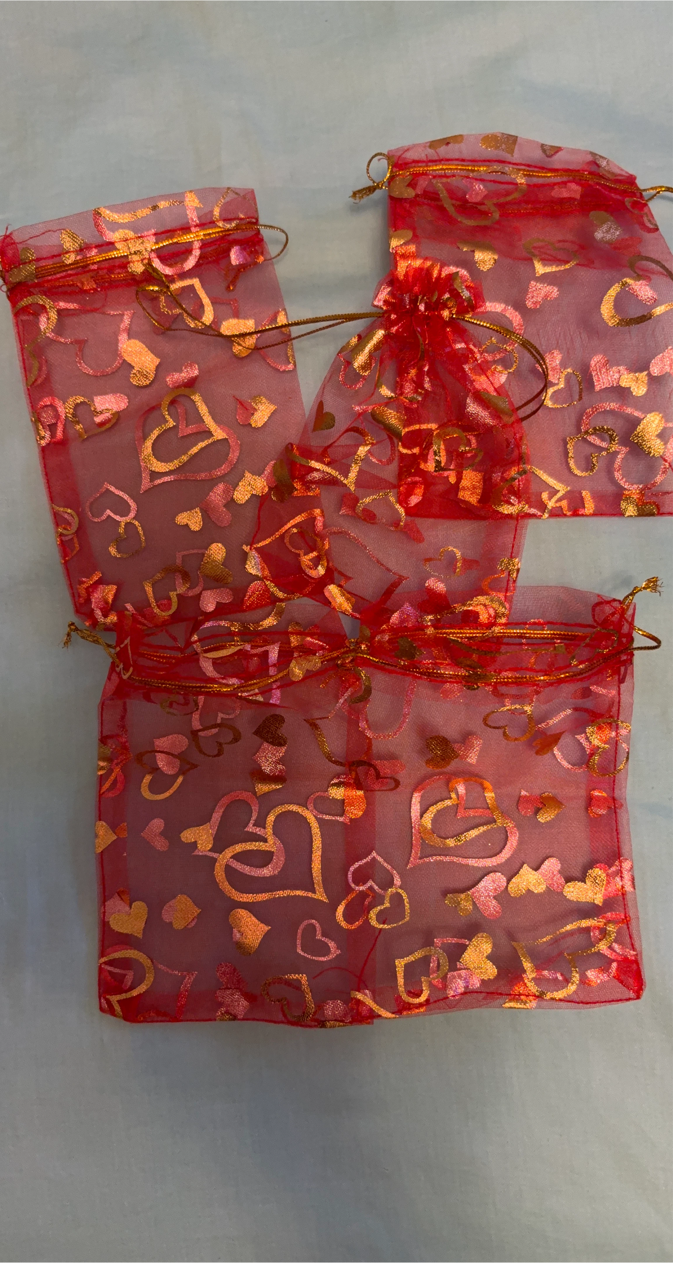 💝 5 Red Mesh Drawstring Pouches with Hearts🏆