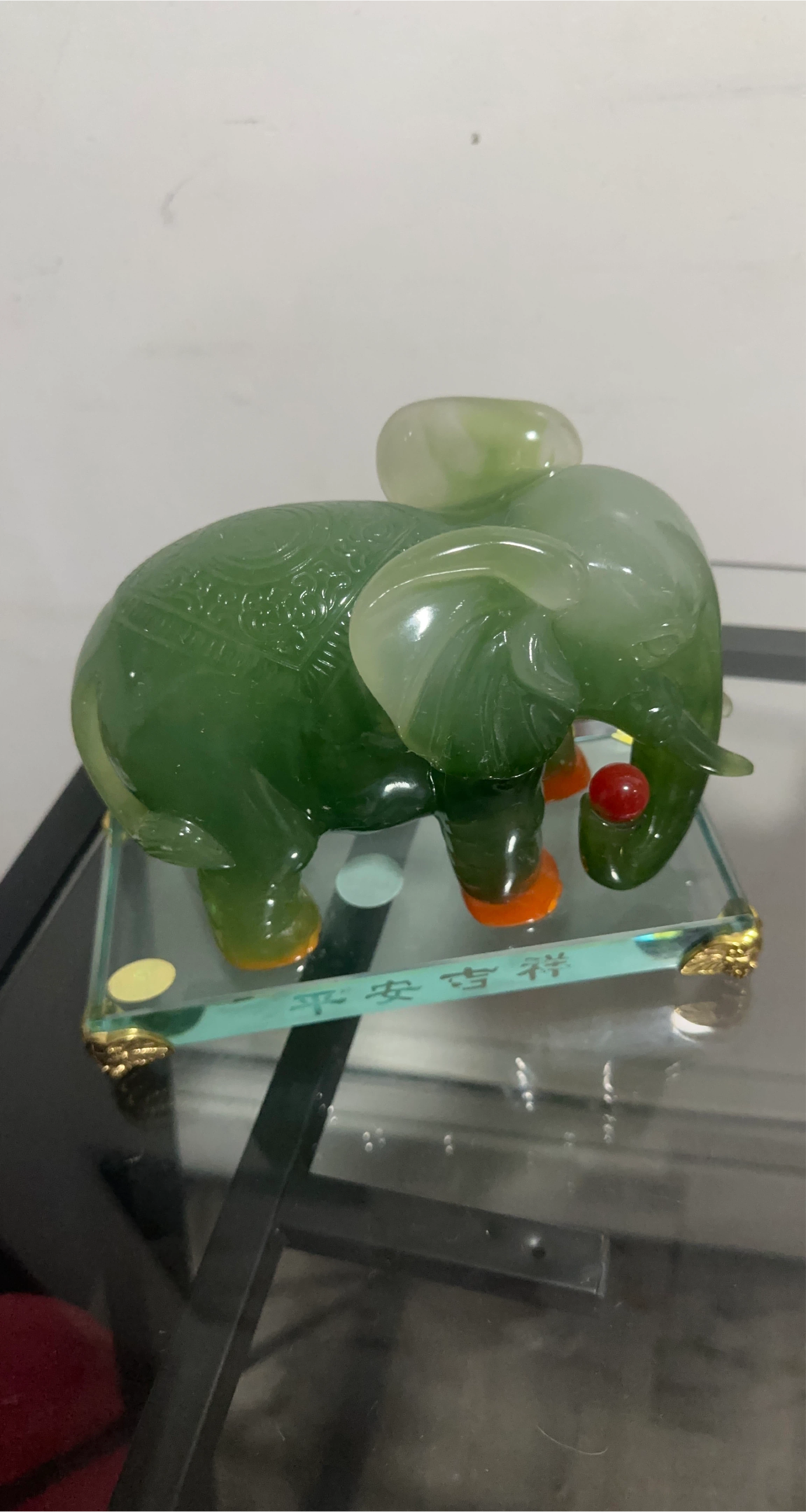 Green Jade Elephant Figurine with Glass Base
