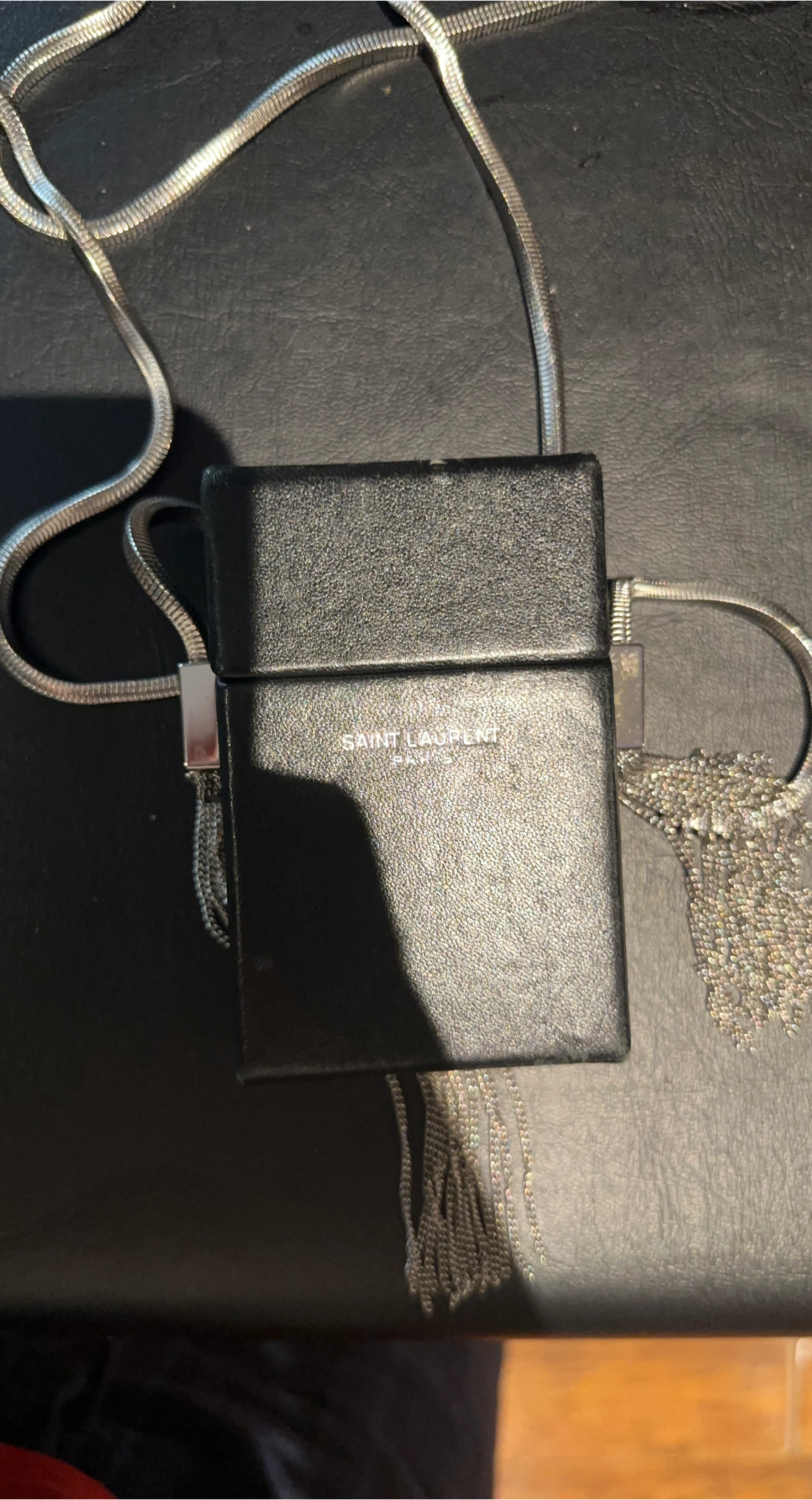 Saint Laurent Black Leather Pouch with Silver Chain