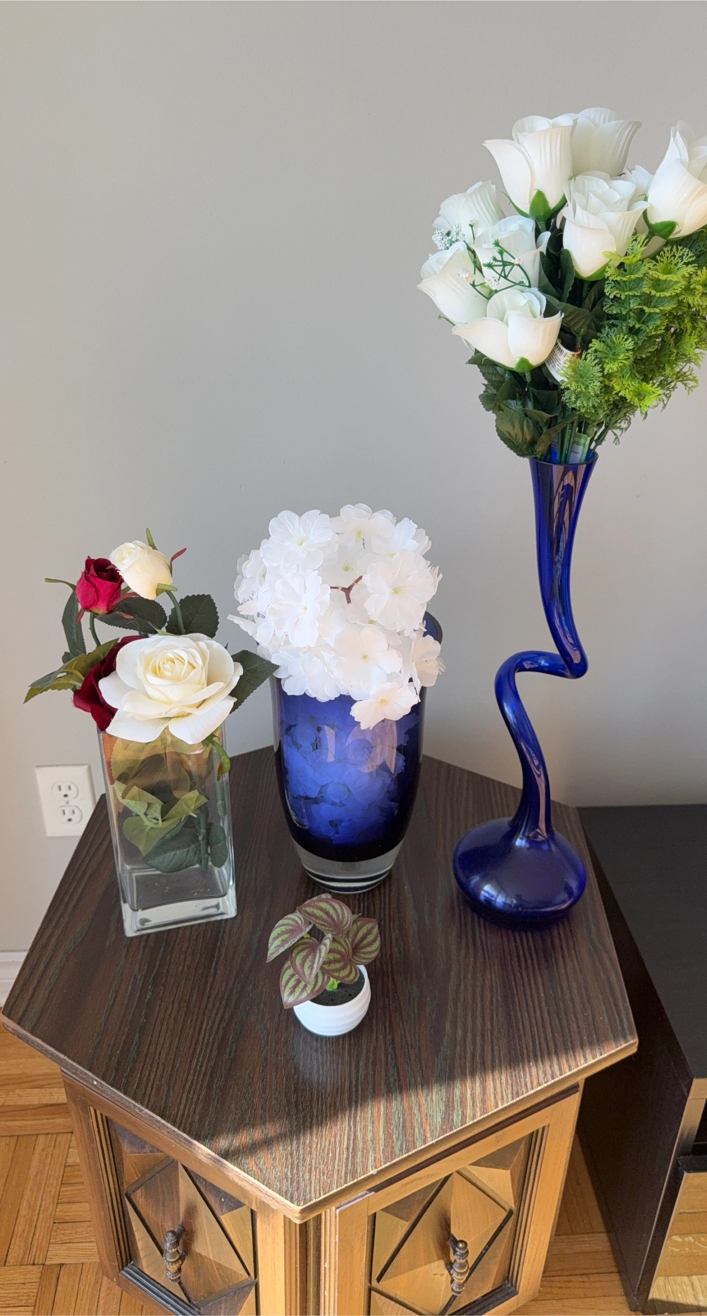 Blue Swirl Vase with White Roses and Greenery