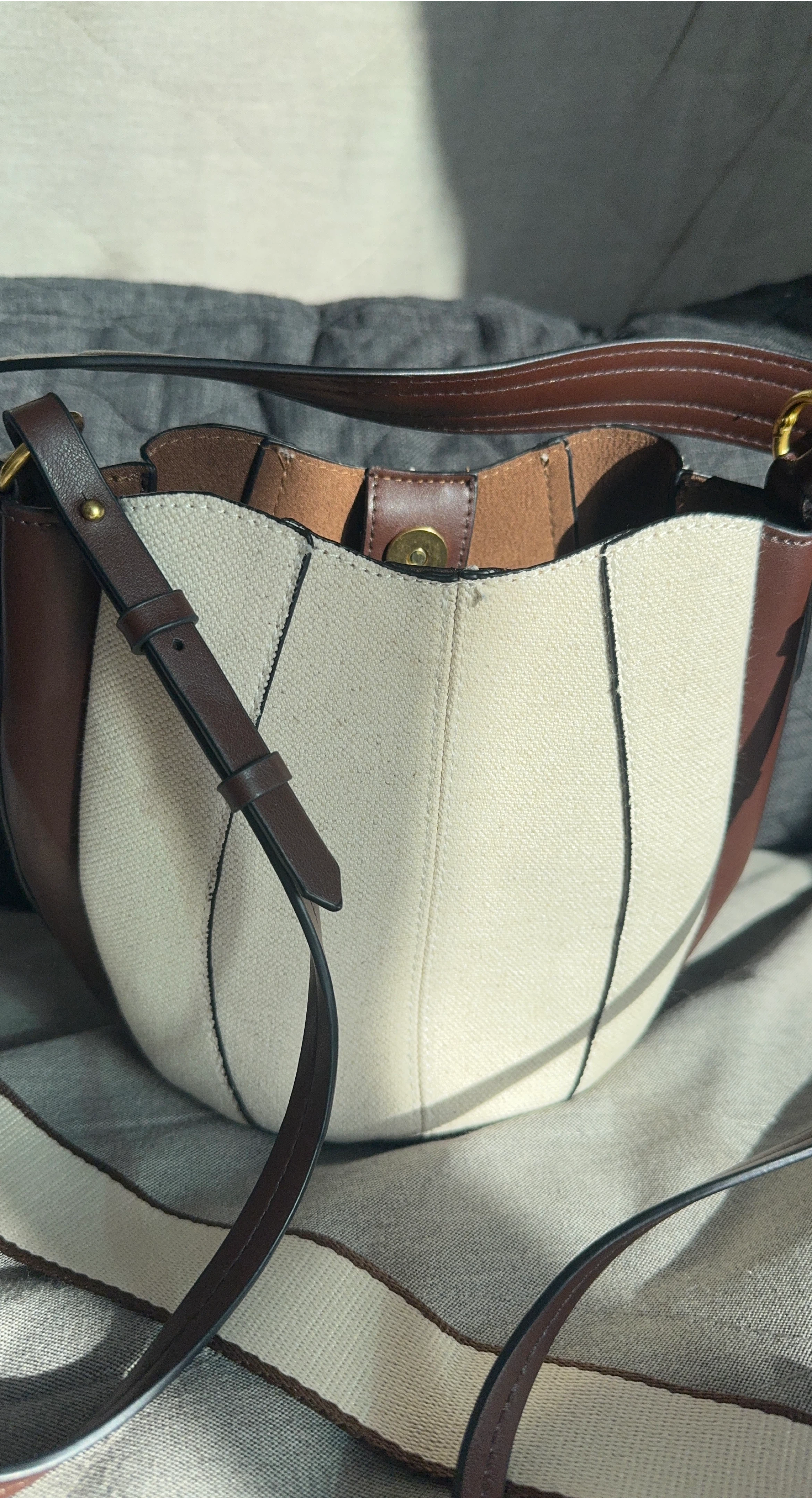 Brown and Beige Canvas Bucket Bag