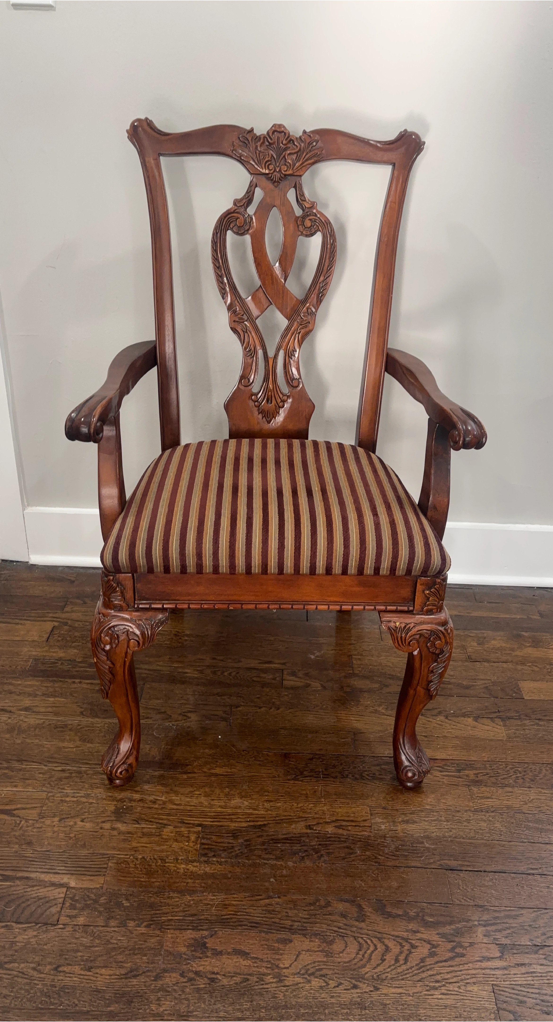Wooden Armchair with Striped Upholstery