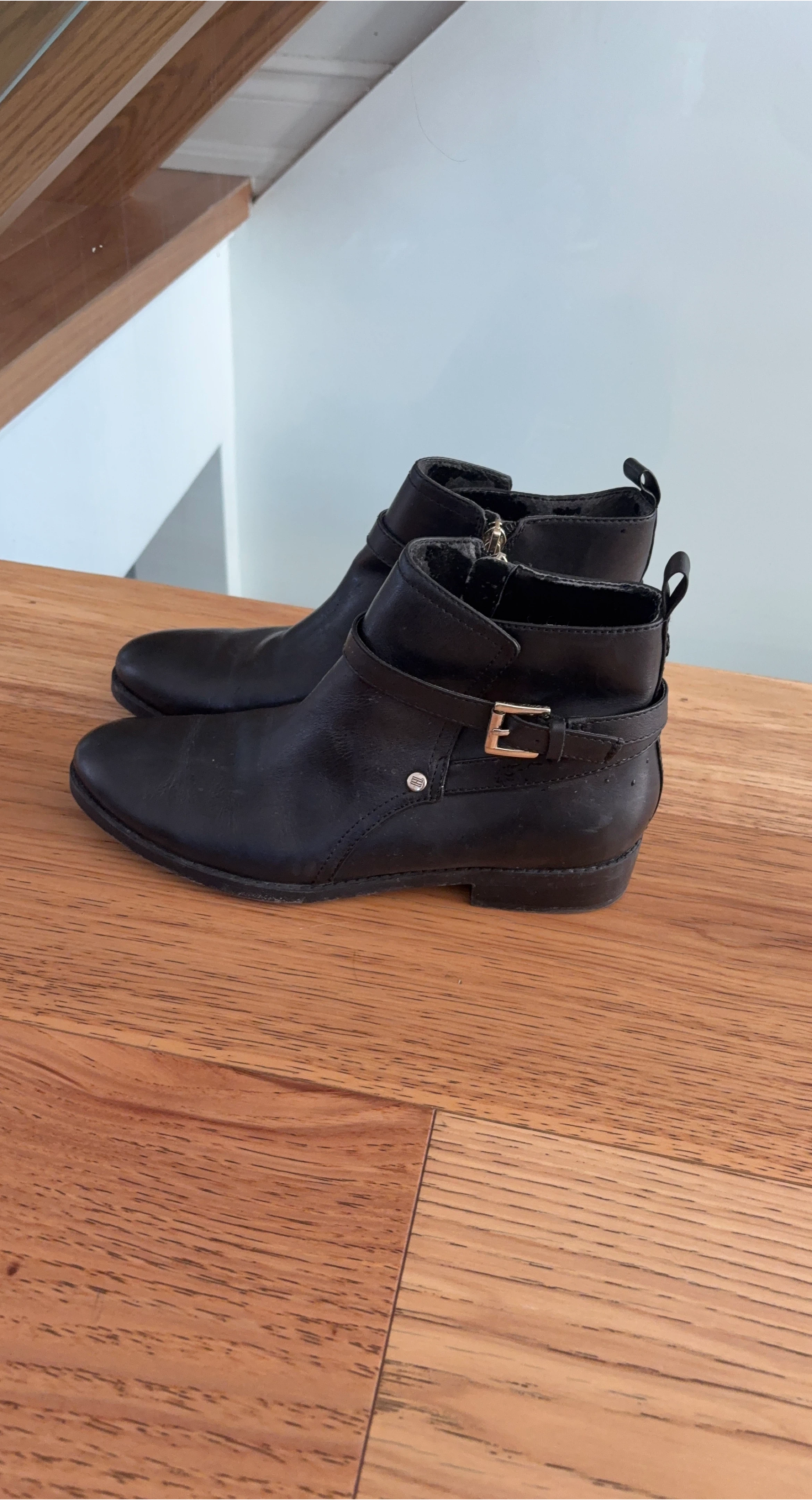 Black Leather Ankle Boots with Buckle Detail