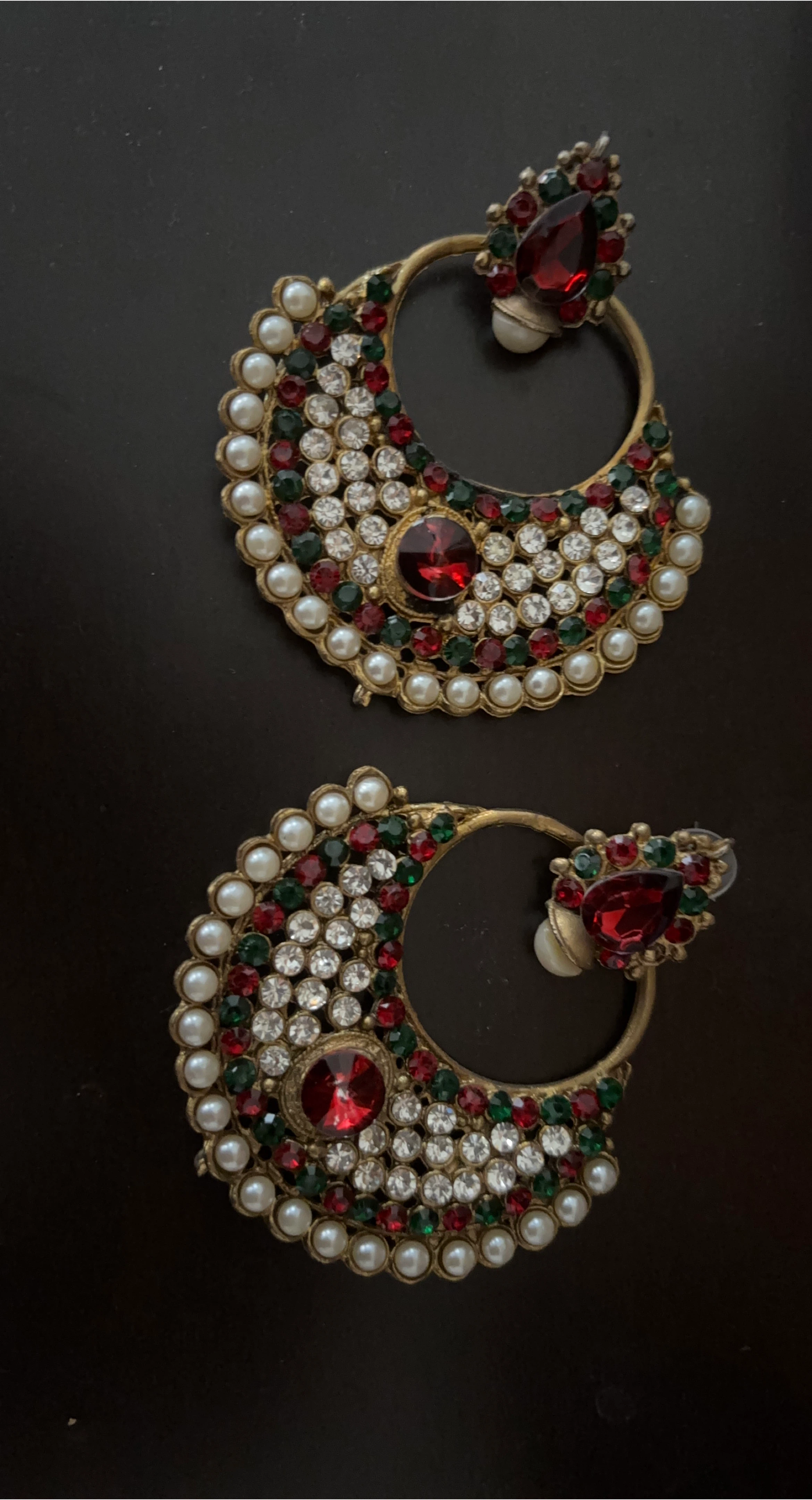 Statement Earrings with Red, Green, and White Stones