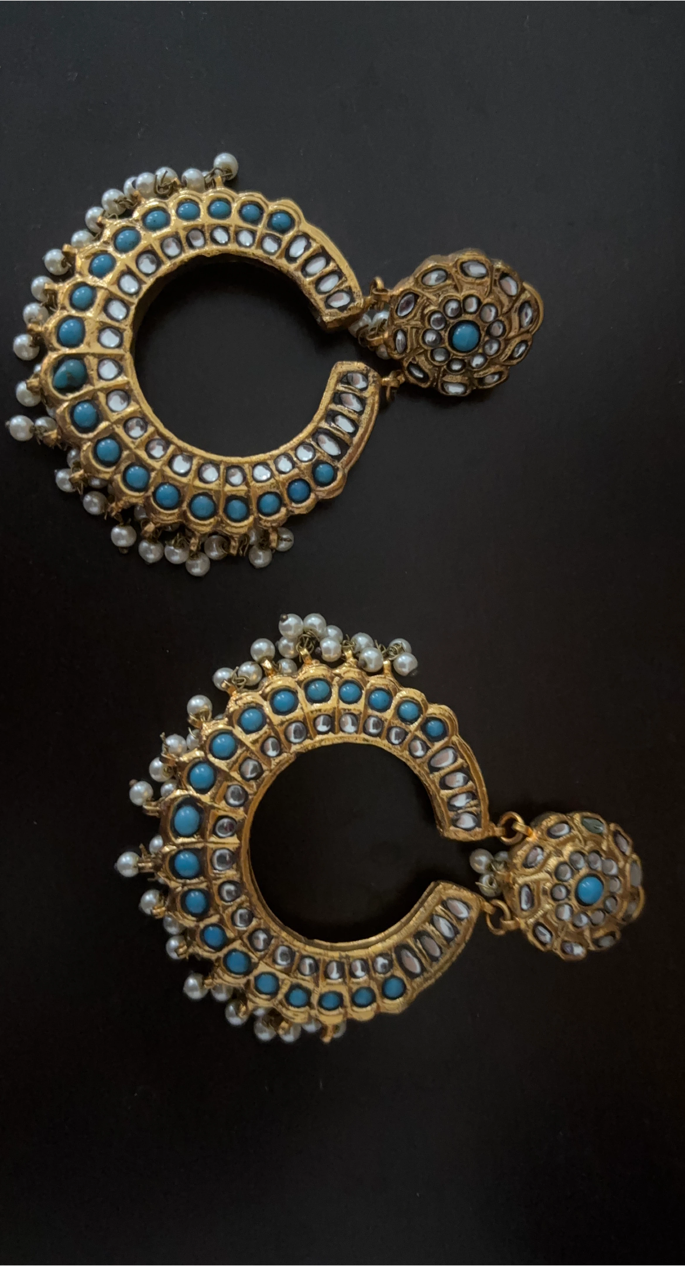 Gold-tone Hoop Earrings with Turquoise and Pearls