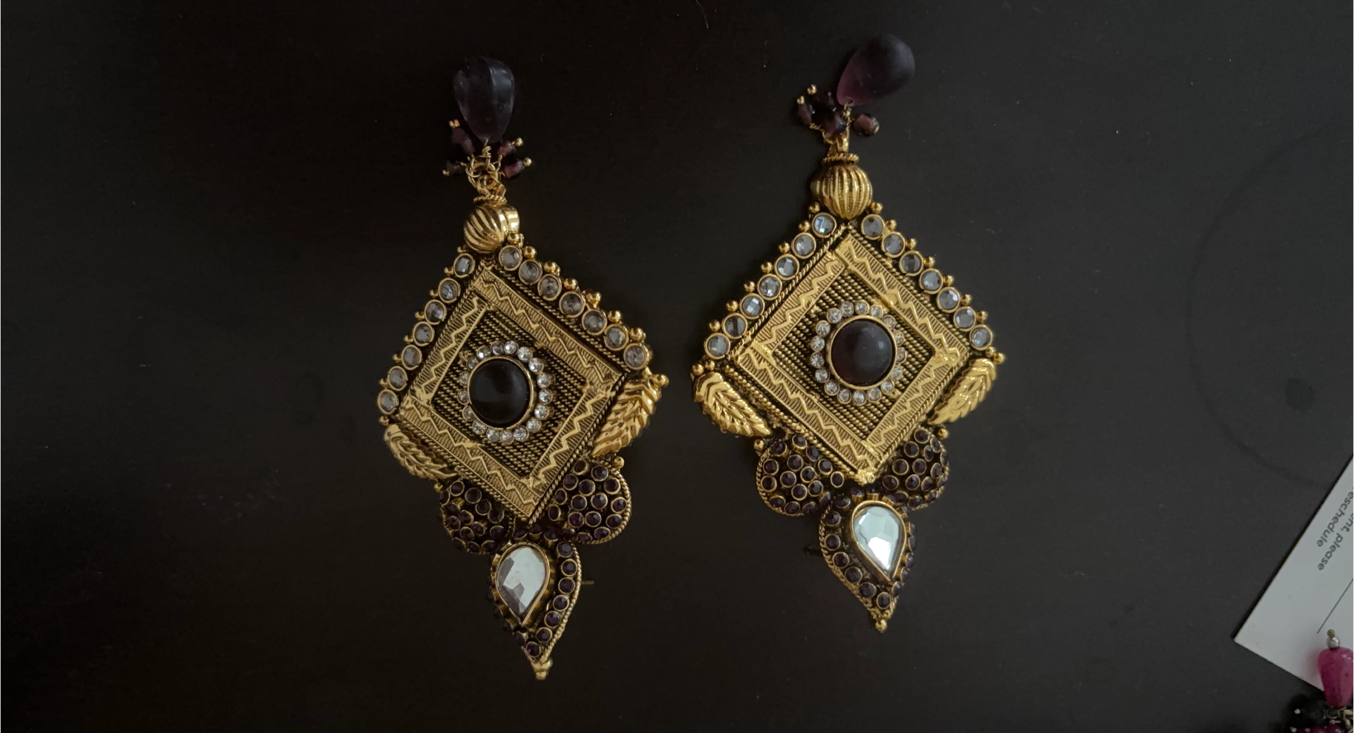 Gold Tone Dangling Earrings with Purple and White Gems
