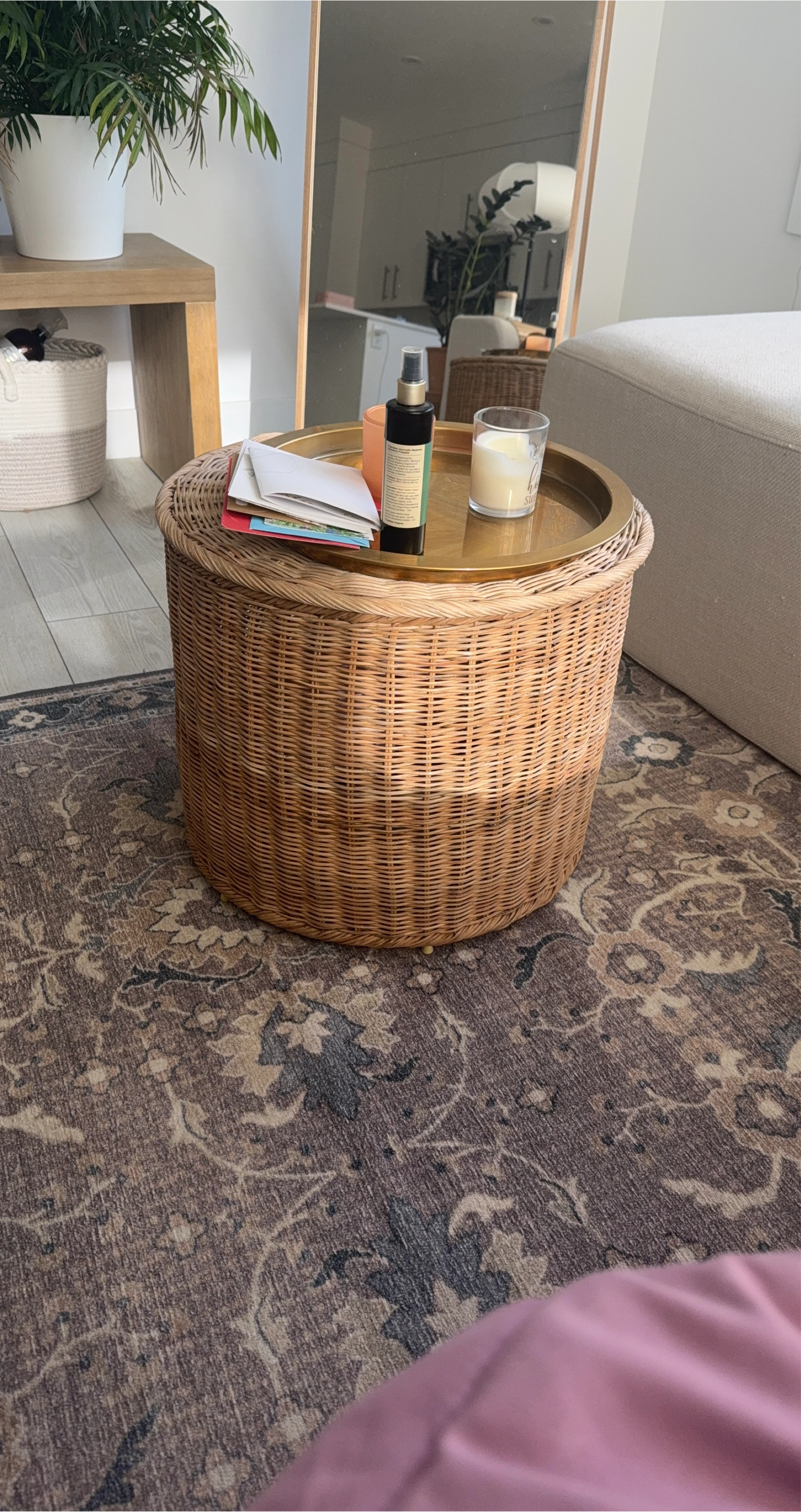 Wicker Storage Ottoman with Gold Tray Top