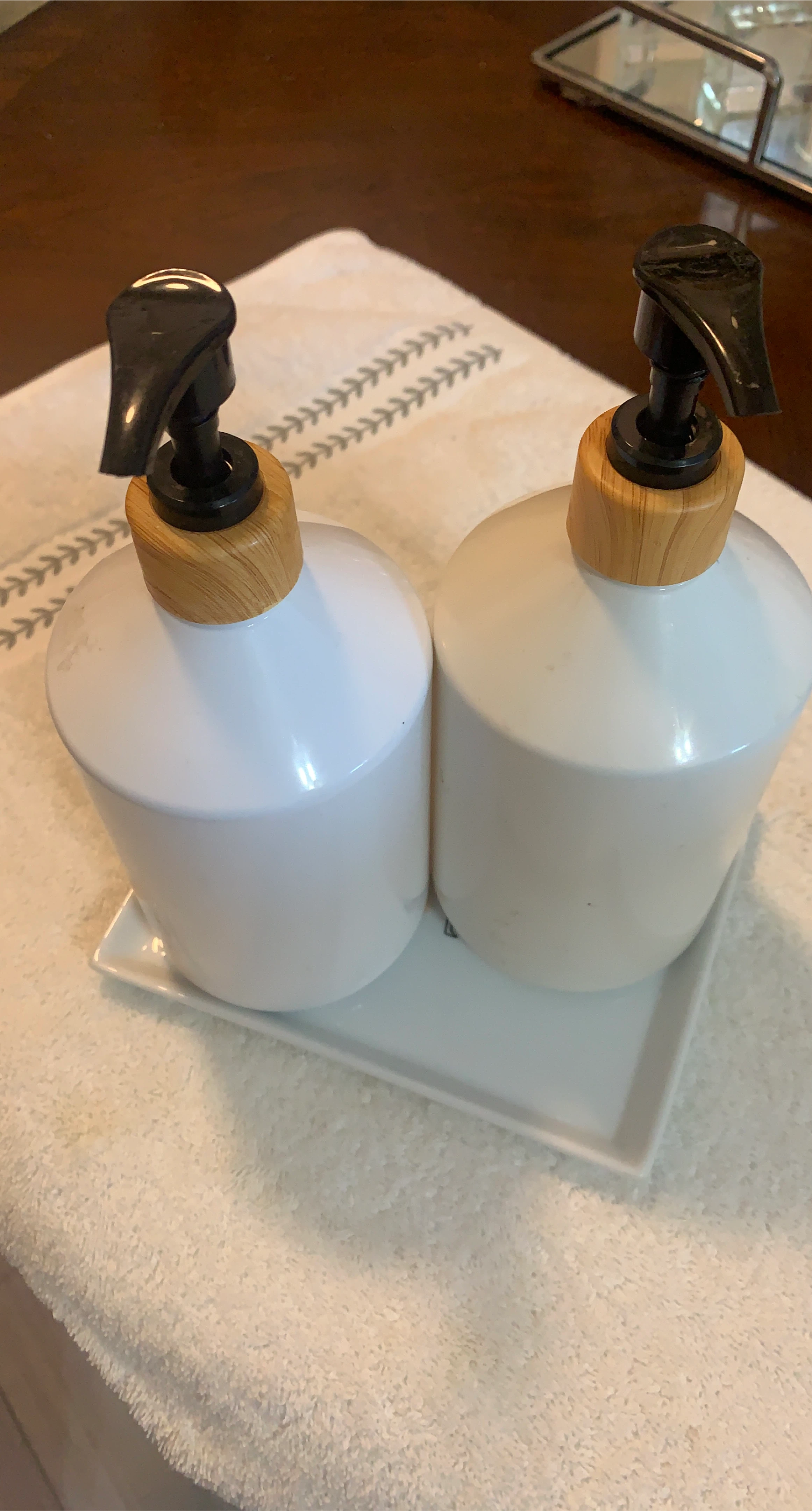 White Dispenser Set with Bamboo Accents