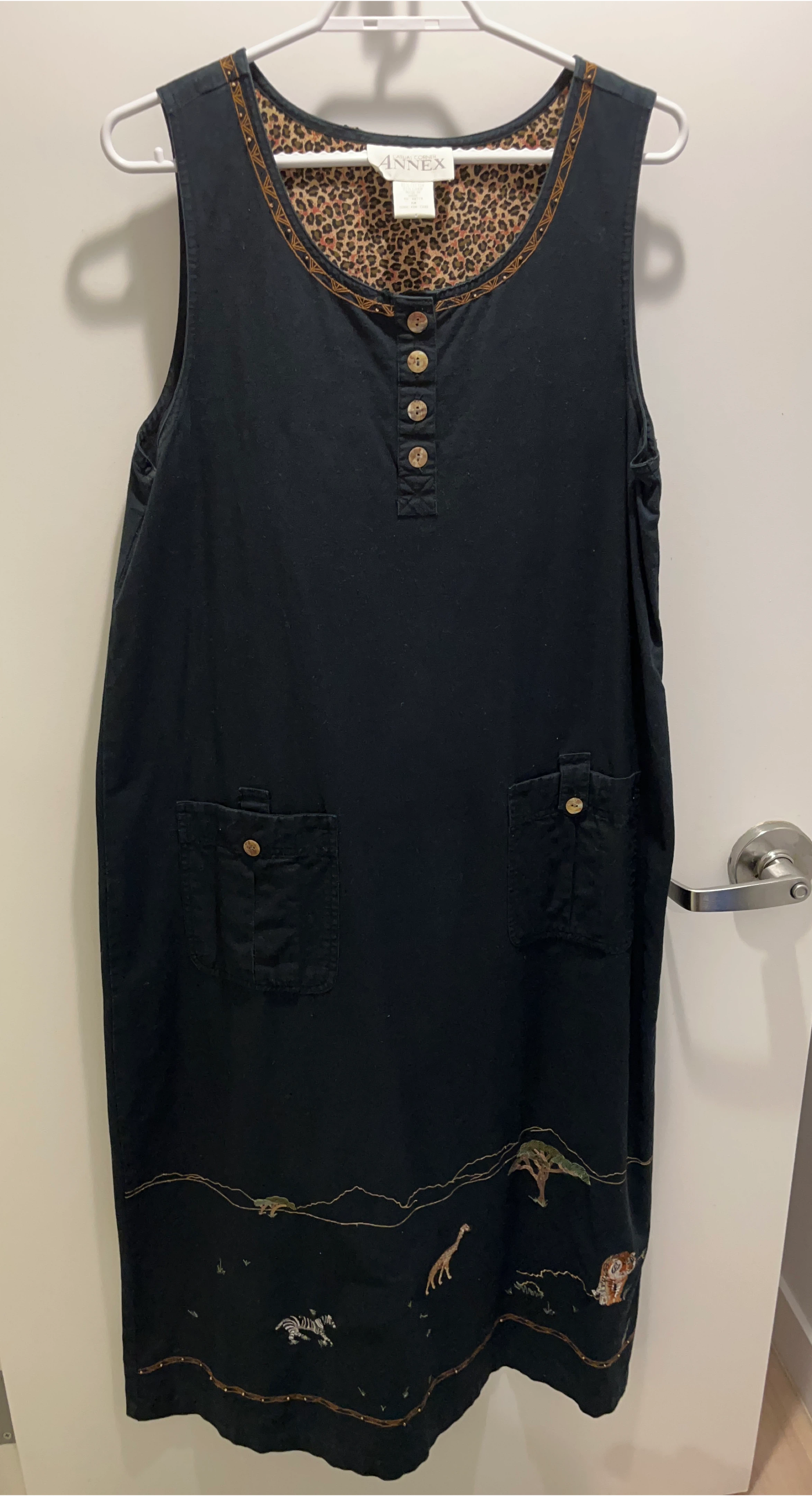 Annex Casual Corner Black Linen/Cotton Safari Print Dress M