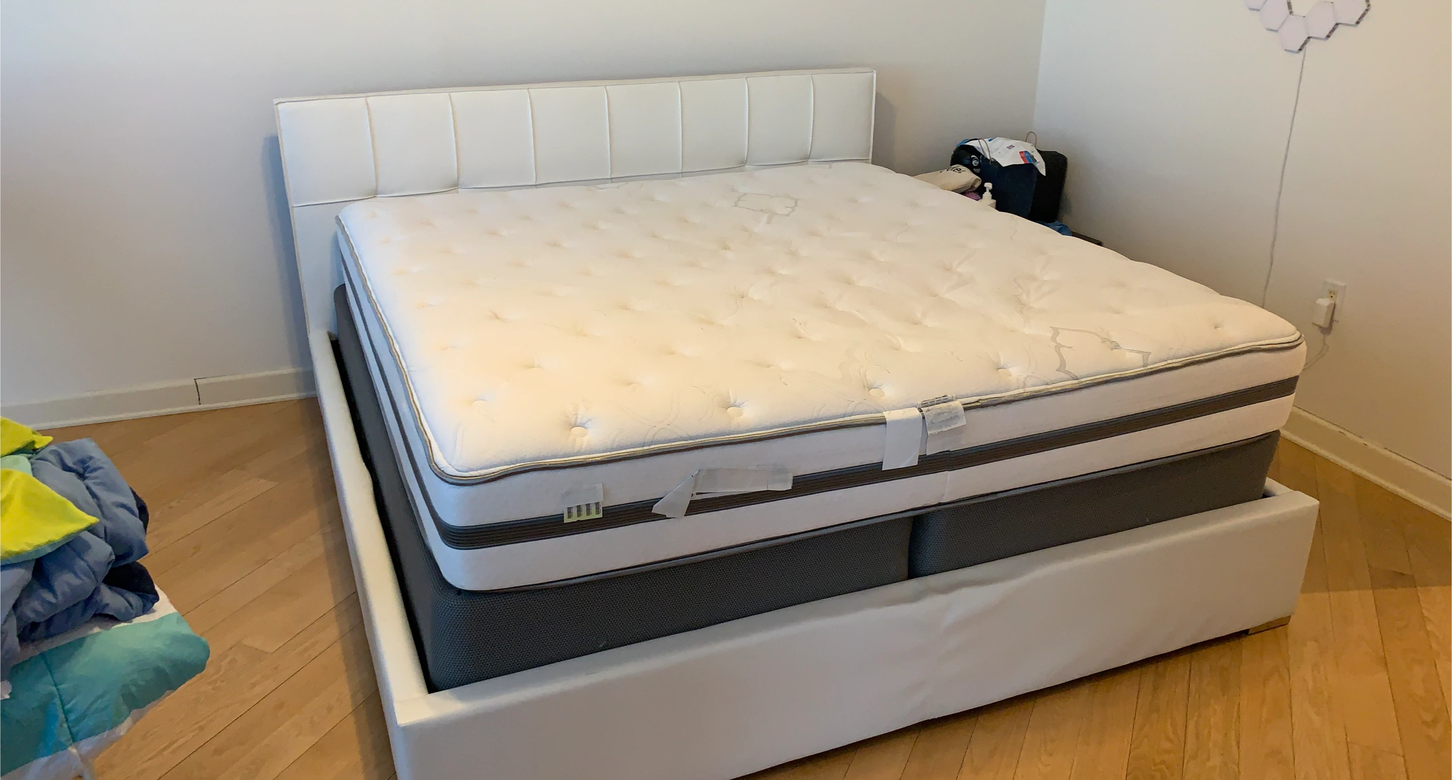 Modani-White Tufted Upholstered King Bed Frame with Mattress