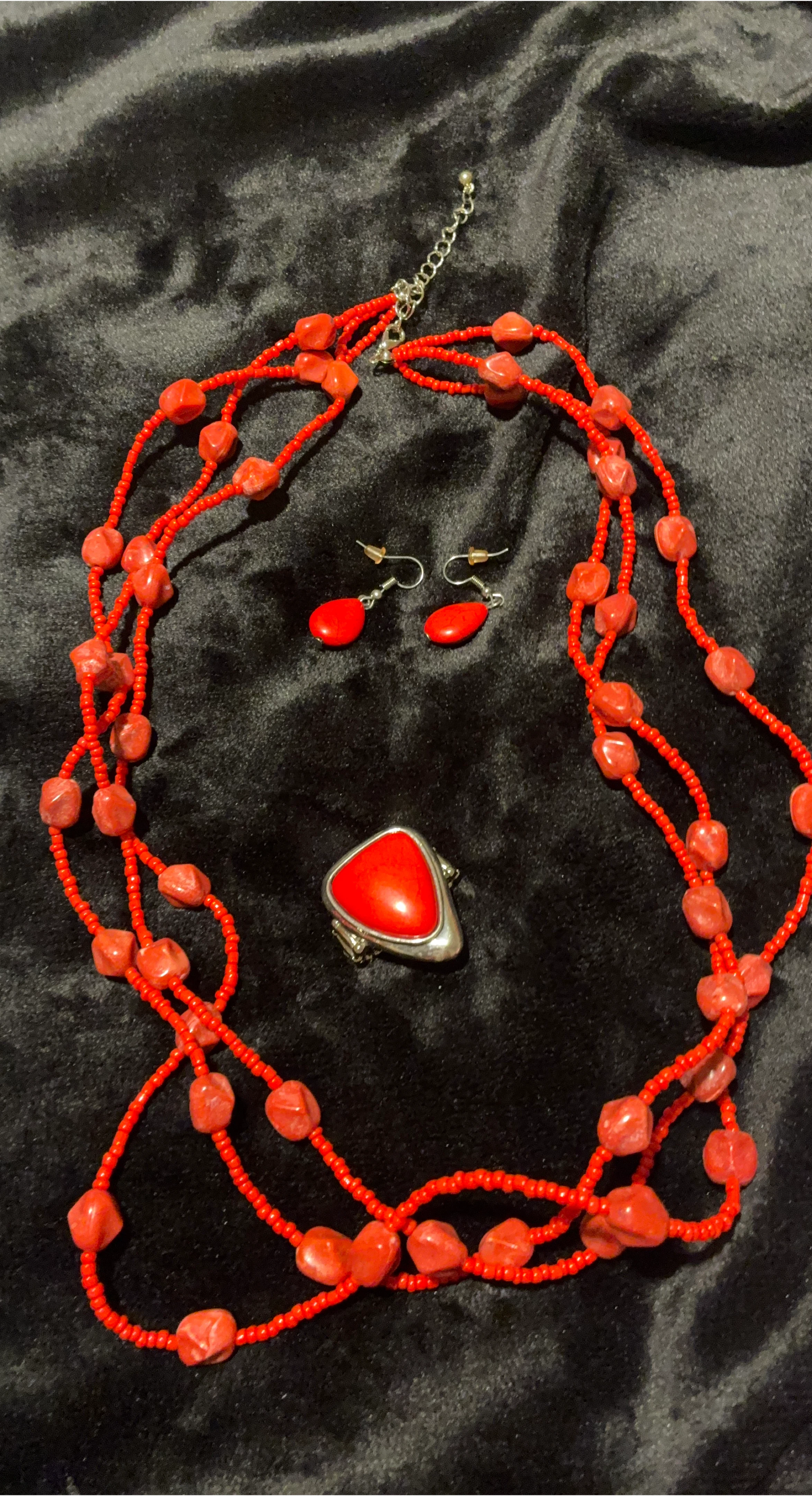 Red Beaded Necklace, Earrings, and Ring Set