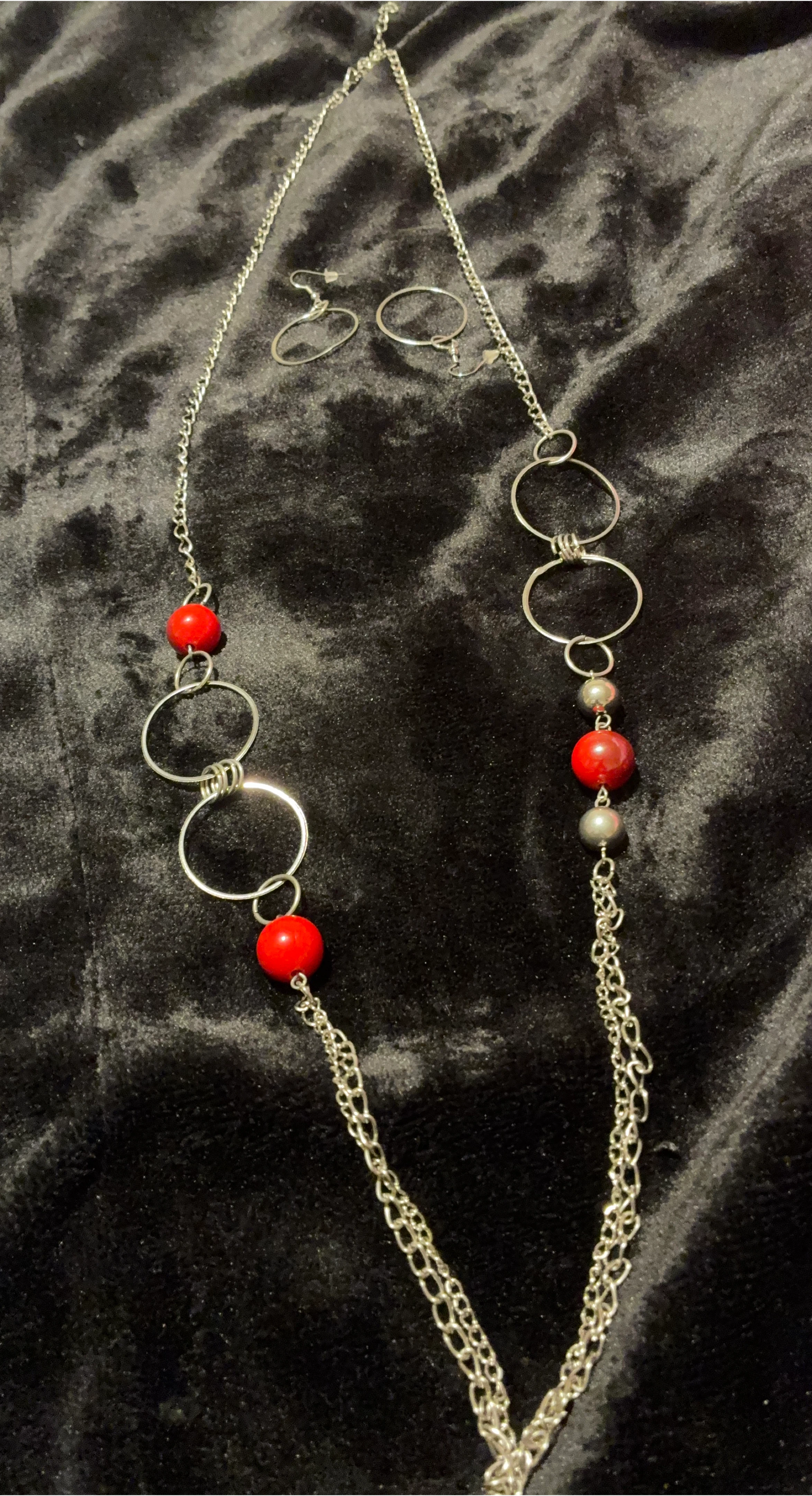 Silver Tone Necklace and Hoop Earrings Set with Red Beads
