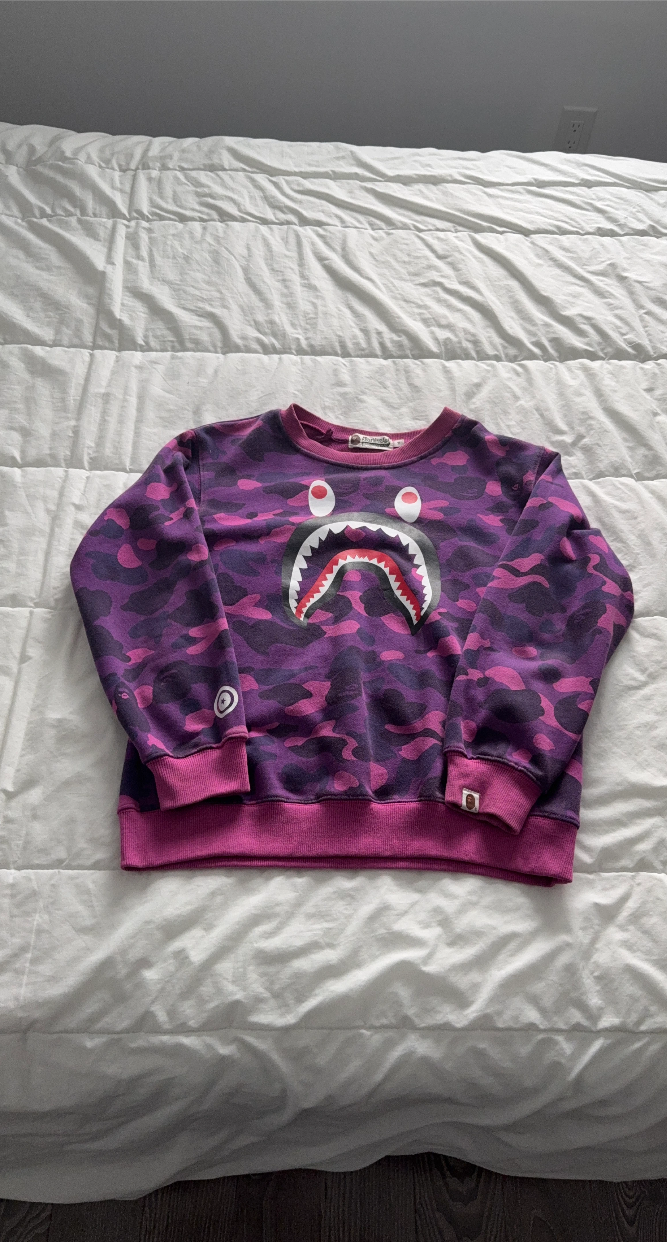 A Bathing Ape BAPE Shark Camo Crewneck Sweatshirt Purple Size M