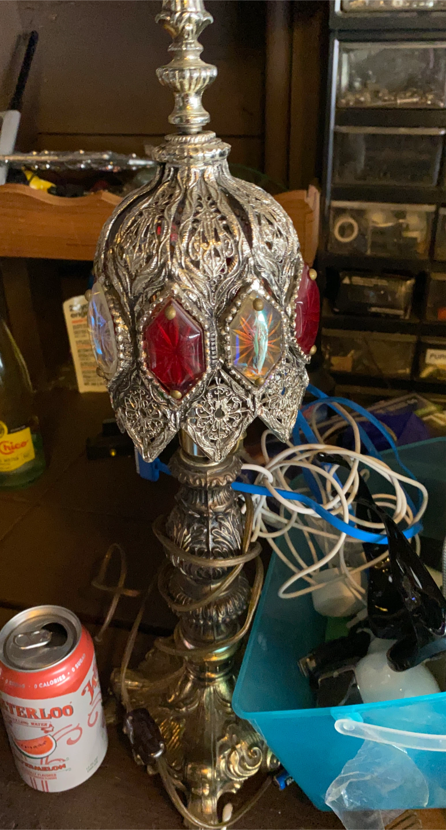 Ornate Silver Table Lamp with Red and Clear Jewels