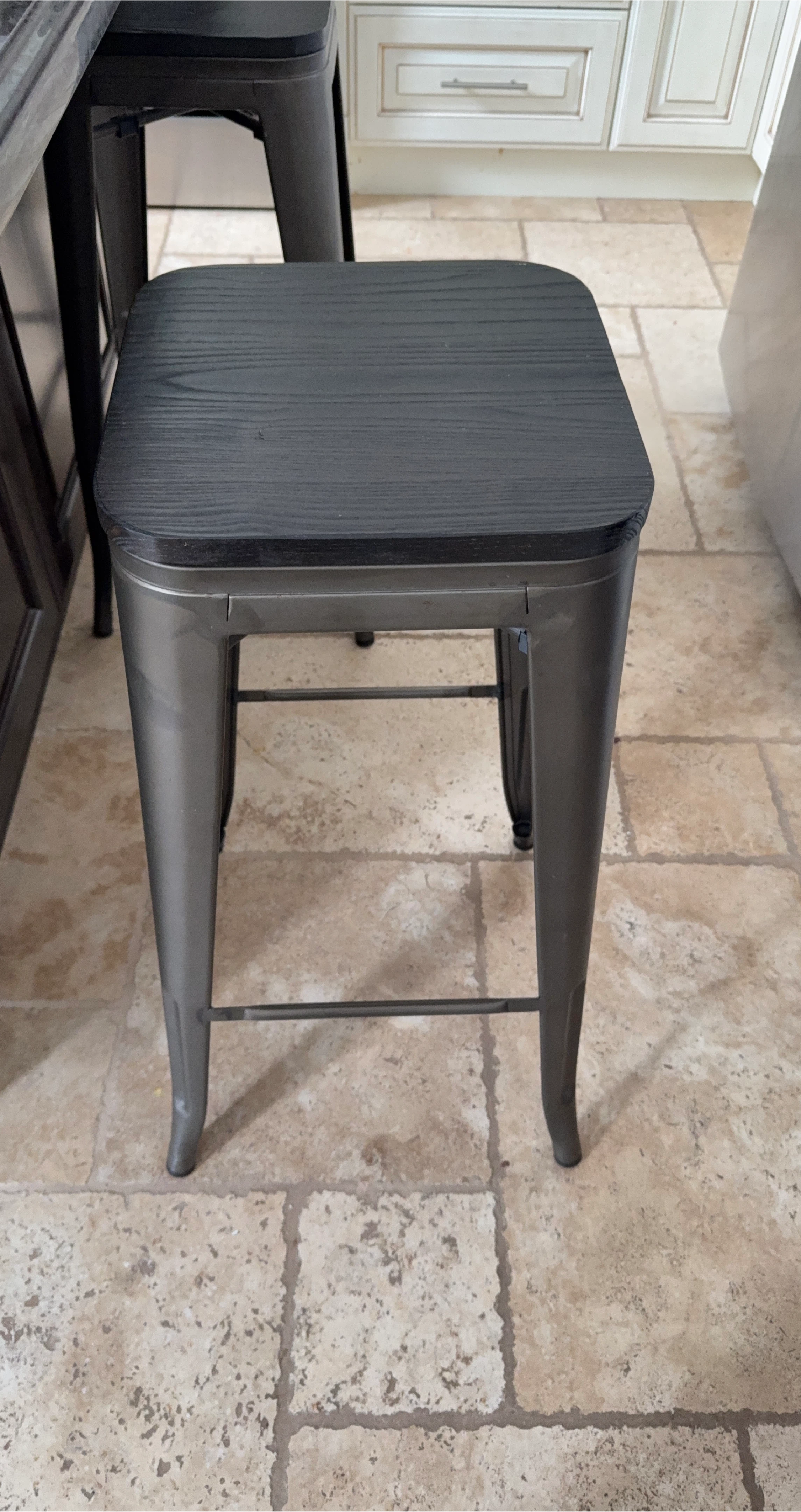 Set of 2 Black Metal Bar Stools with Wood Seats