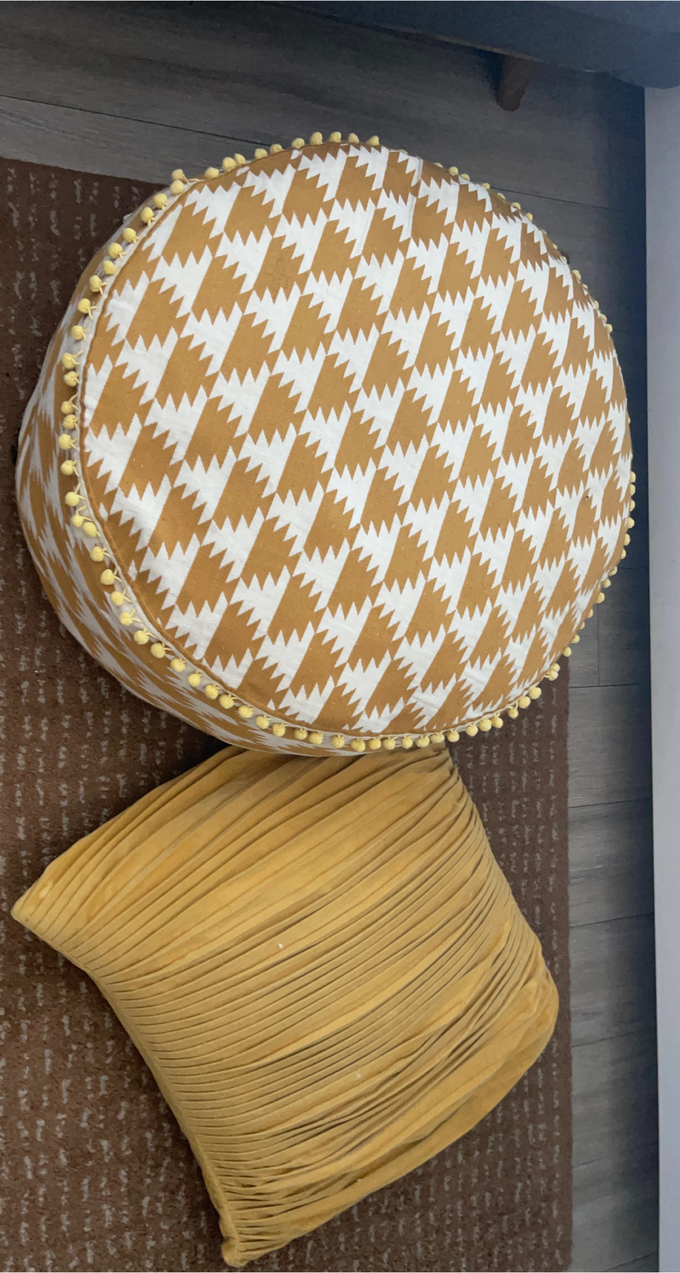 Round Pouf Ottoman with Yellow Pom Pom Trim