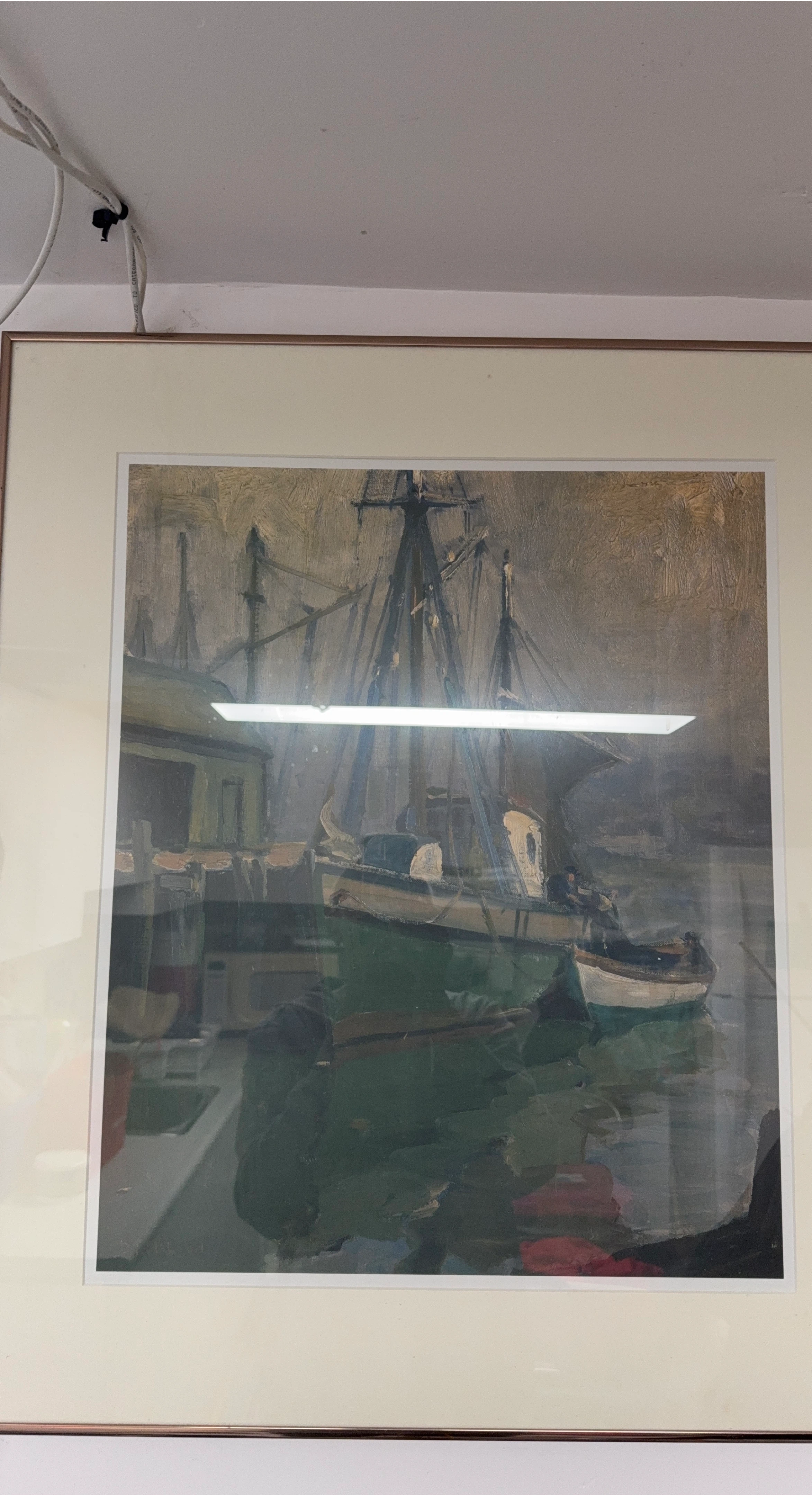 Framed Painting of Boats in Harbour
