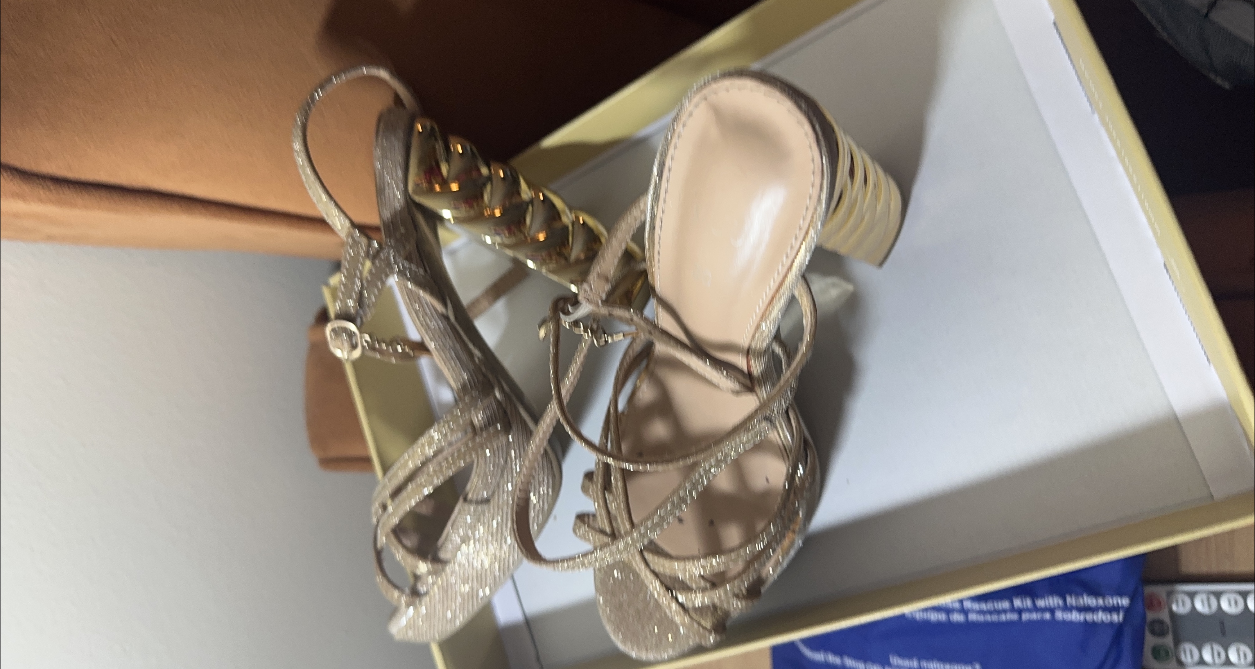 Gold Glitter Strappy Heels with Block Heel