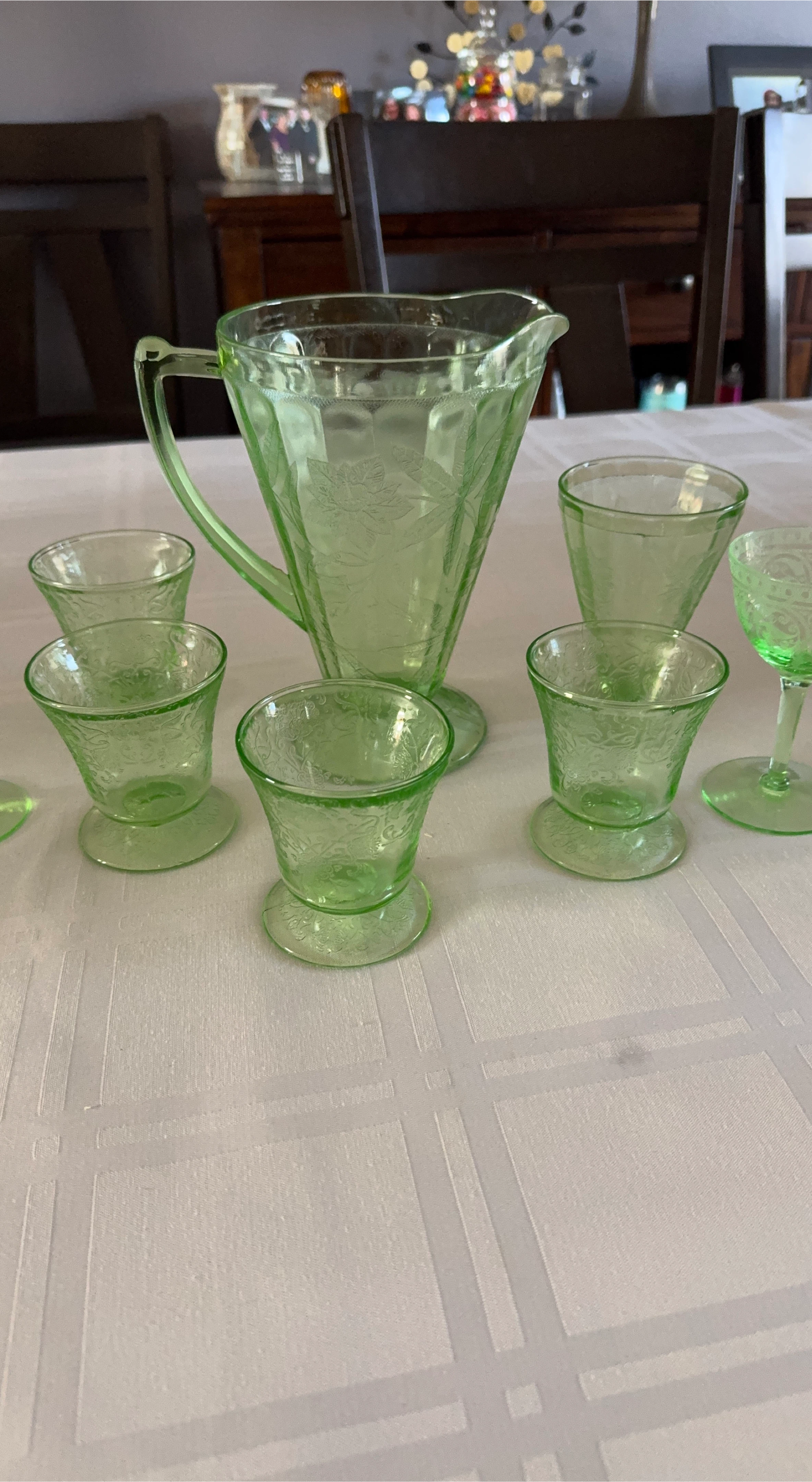 Green Depression Glass Pitcher and Glasses Set