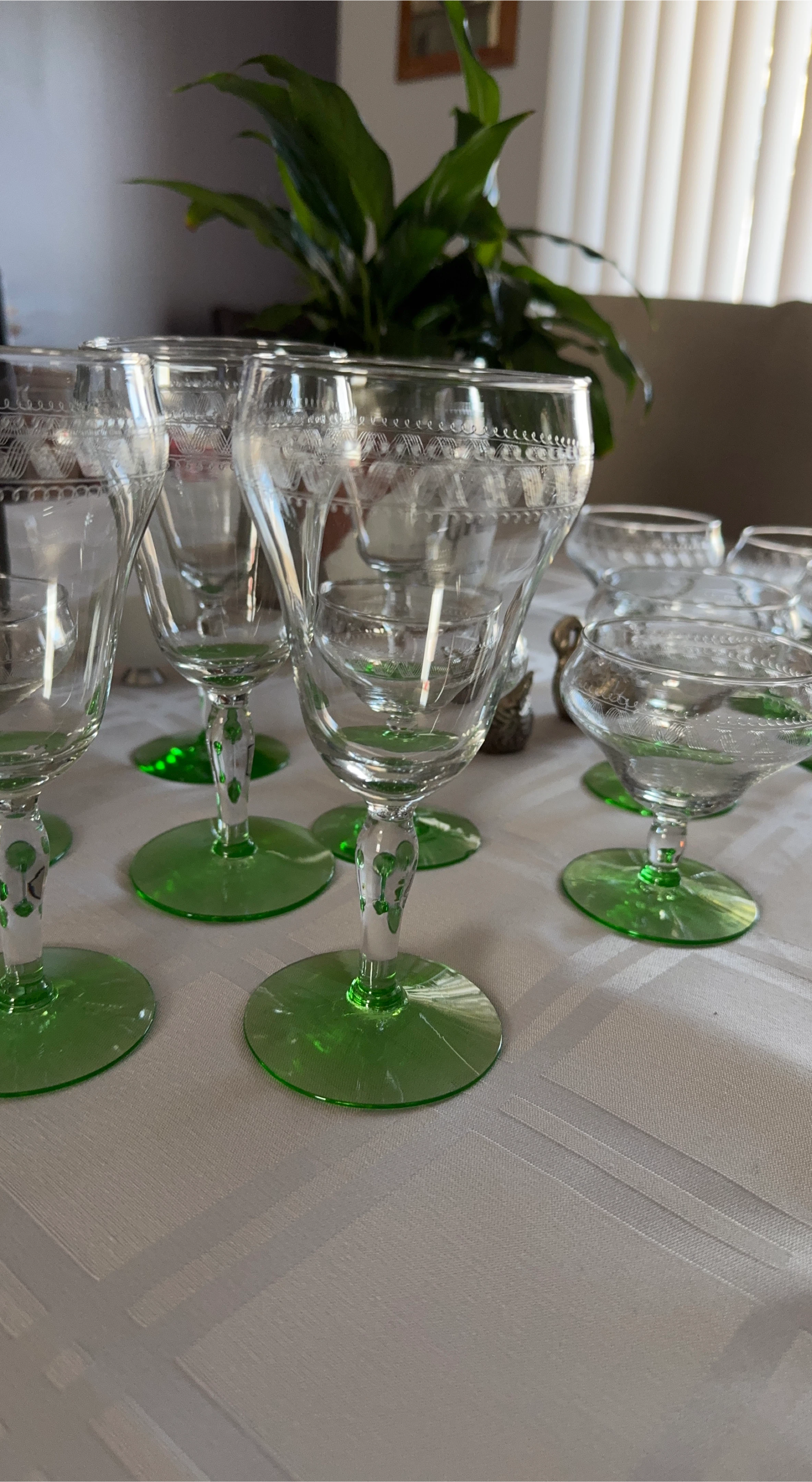 Set of 4 Green Glass Wine Glasses with Etched Design